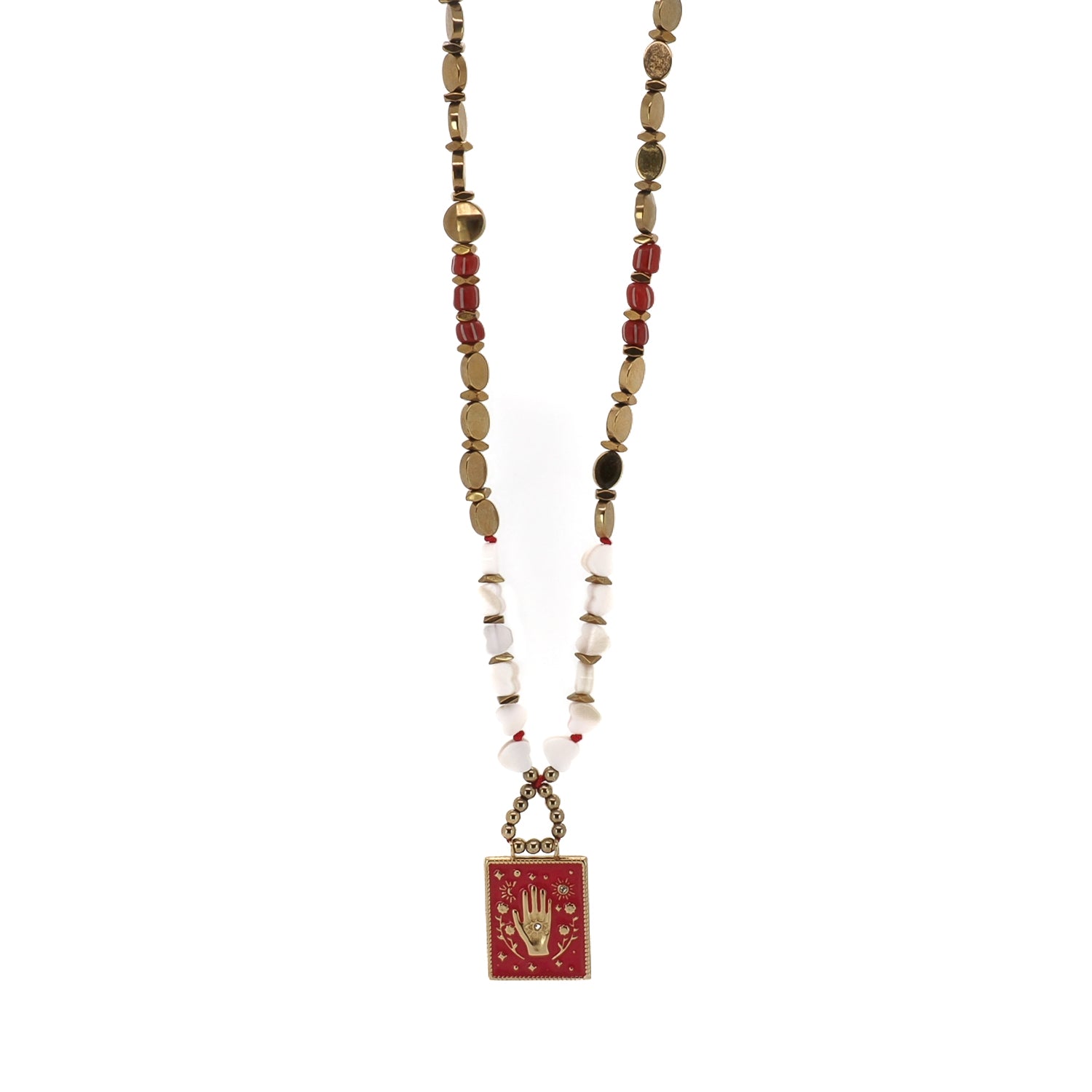 Sacred hand evil eye protection pearl necklace with red enamel pendant and heart-shaped pearls

