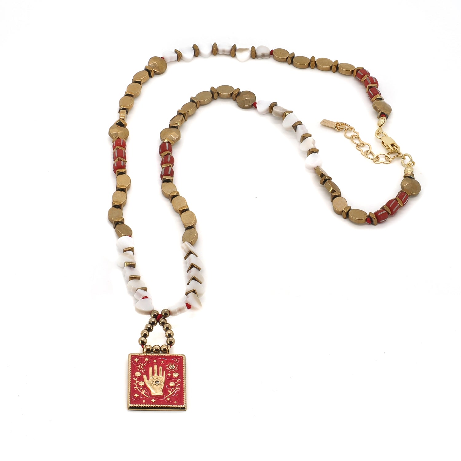 Handcrafted evil eye talisman necklace with gold hematite, red African beads and adjustable clasp