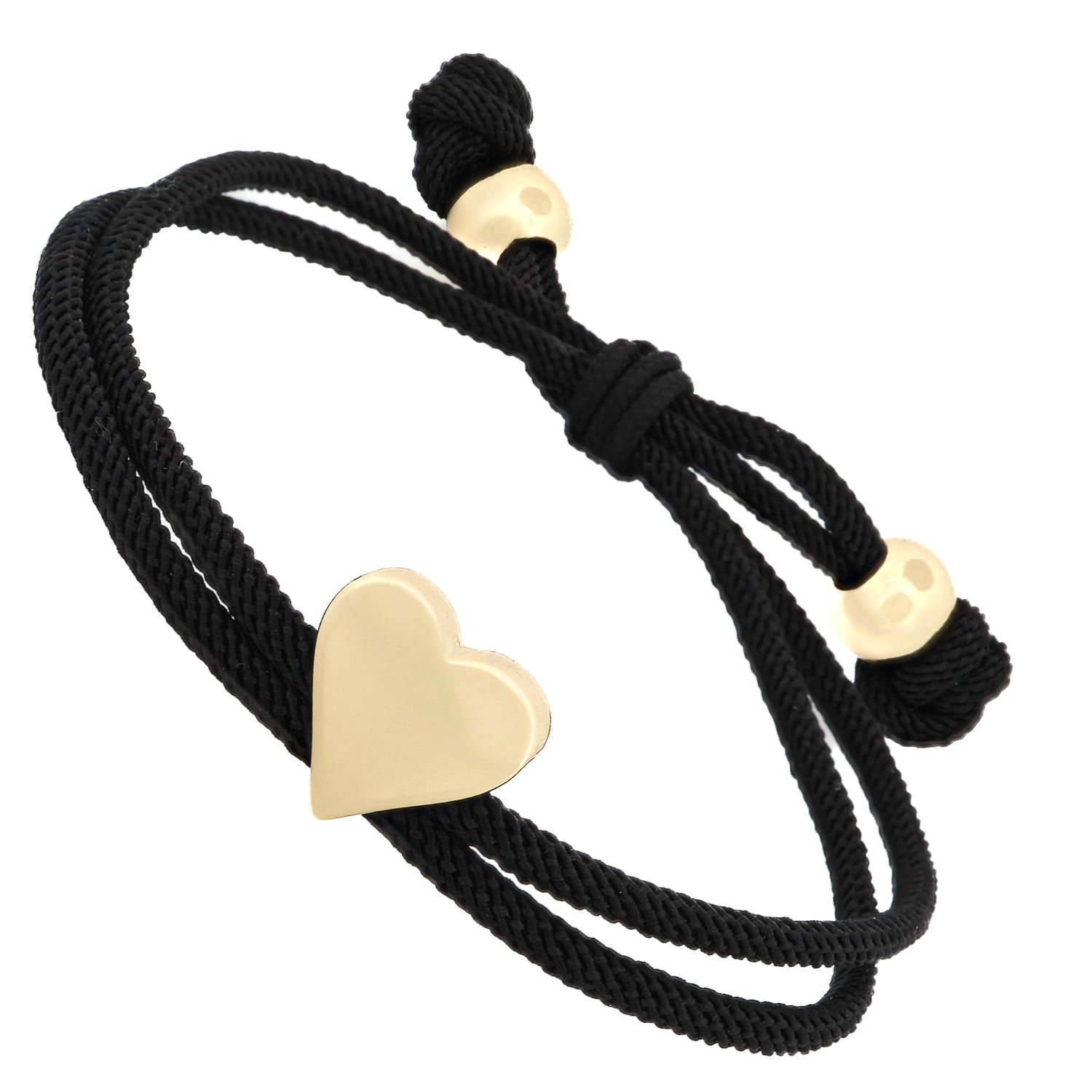 Black cord adjustable bracelet with 18k gold-plated heart focal charm and gold accents — handmade protection jewelry