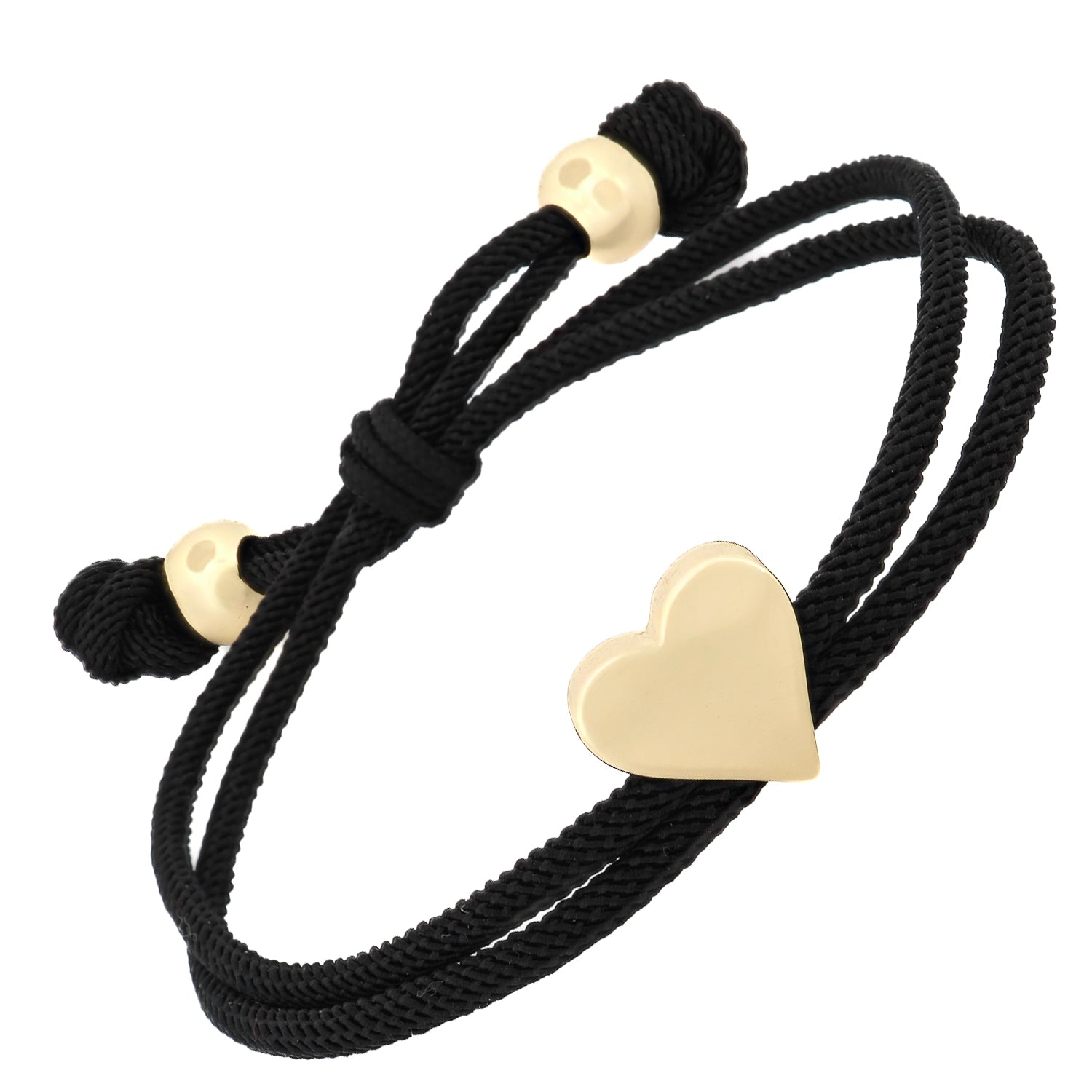 Sacred Heart Black Cord Bracelet showing gold-plated heart charm on soft black silk with adjustable knot closure