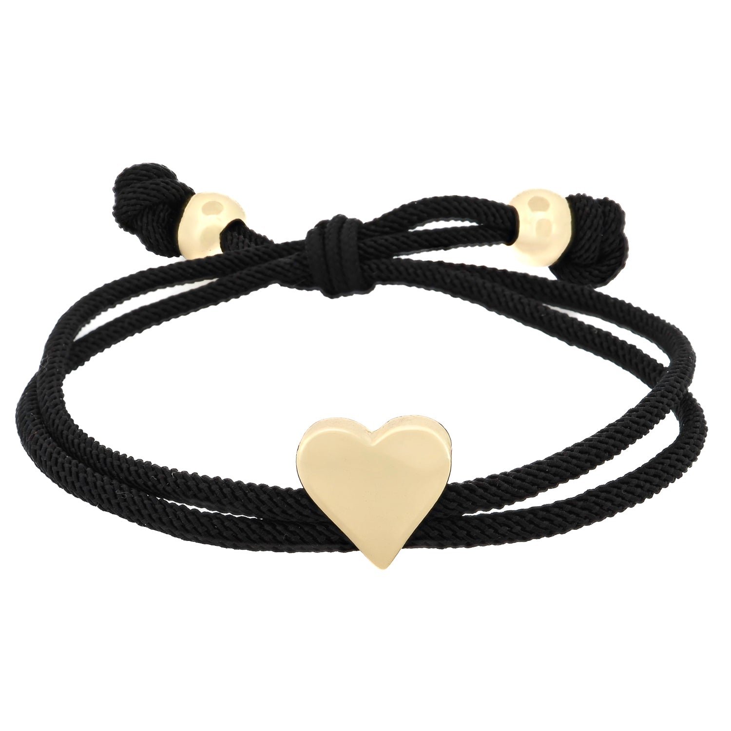 Sacred Heart Black Cord Adjustable Bracelet with 18k gold-plated heart charm, black silk cord, and gold-plated knots