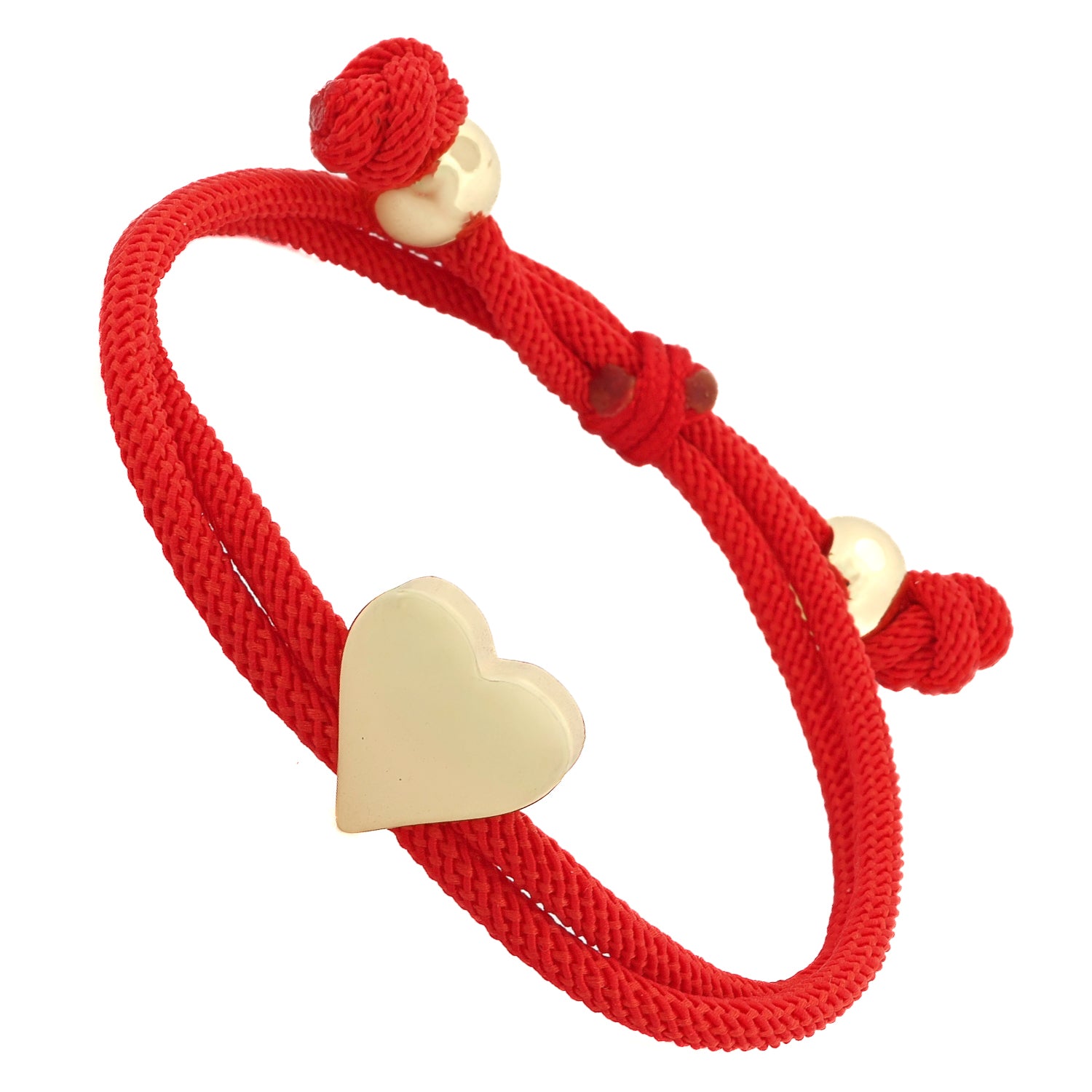 Red cord adjustable bracelet with 18k gold-plated heart focal charm and gold accents — handmade love jewelry