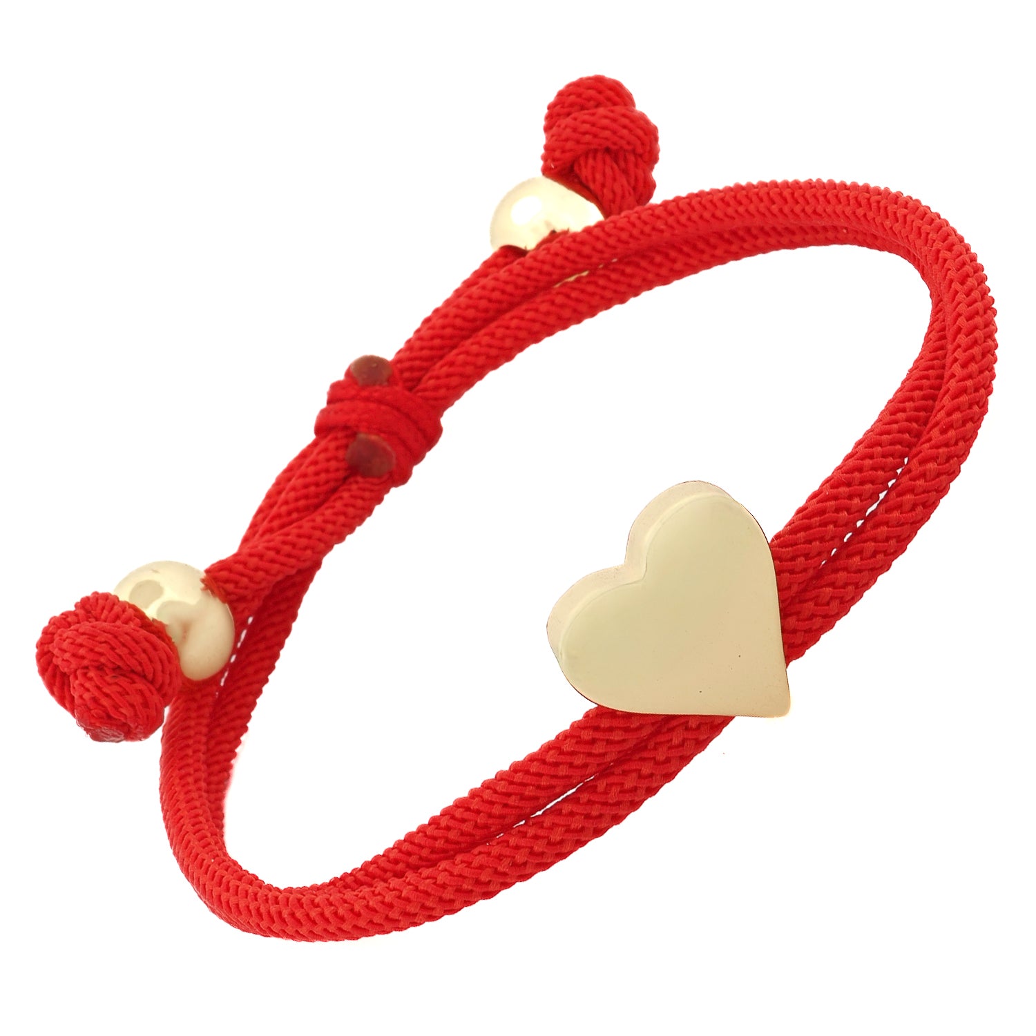 Sacred Heart Red Cord Bracelet showing gold-plated heart charm on soft red silk with adjustable knot closure
