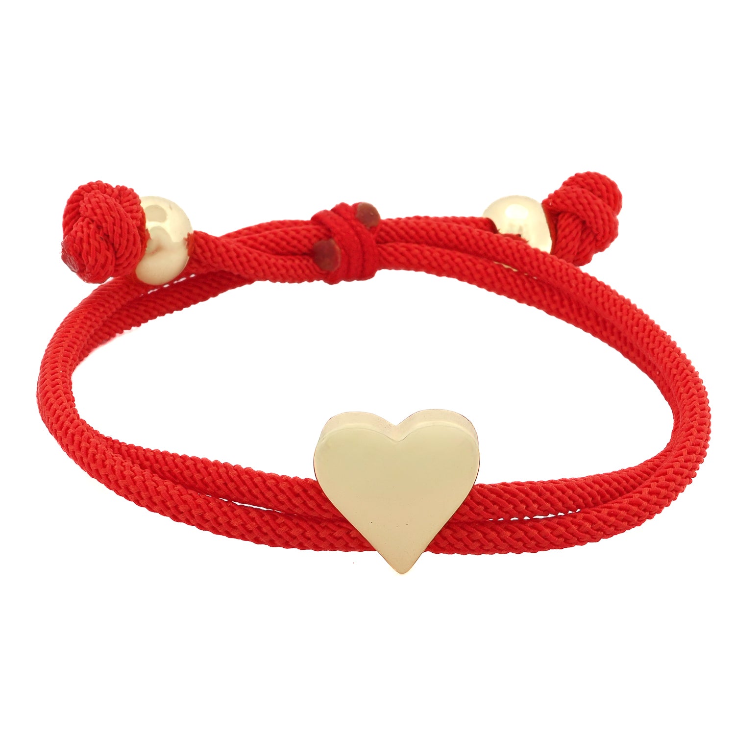 Sacred Heart Red Cord Adjustable Bracelet with 18k gold-plated heart charm, red silk cord, and gold-plated knots