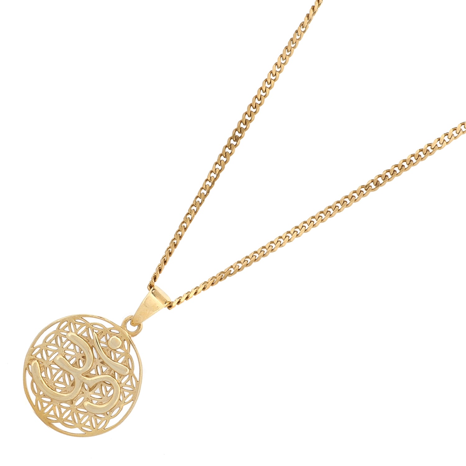 Gold Om symbol Flower of Life mandala pendant necklace on sterling silver