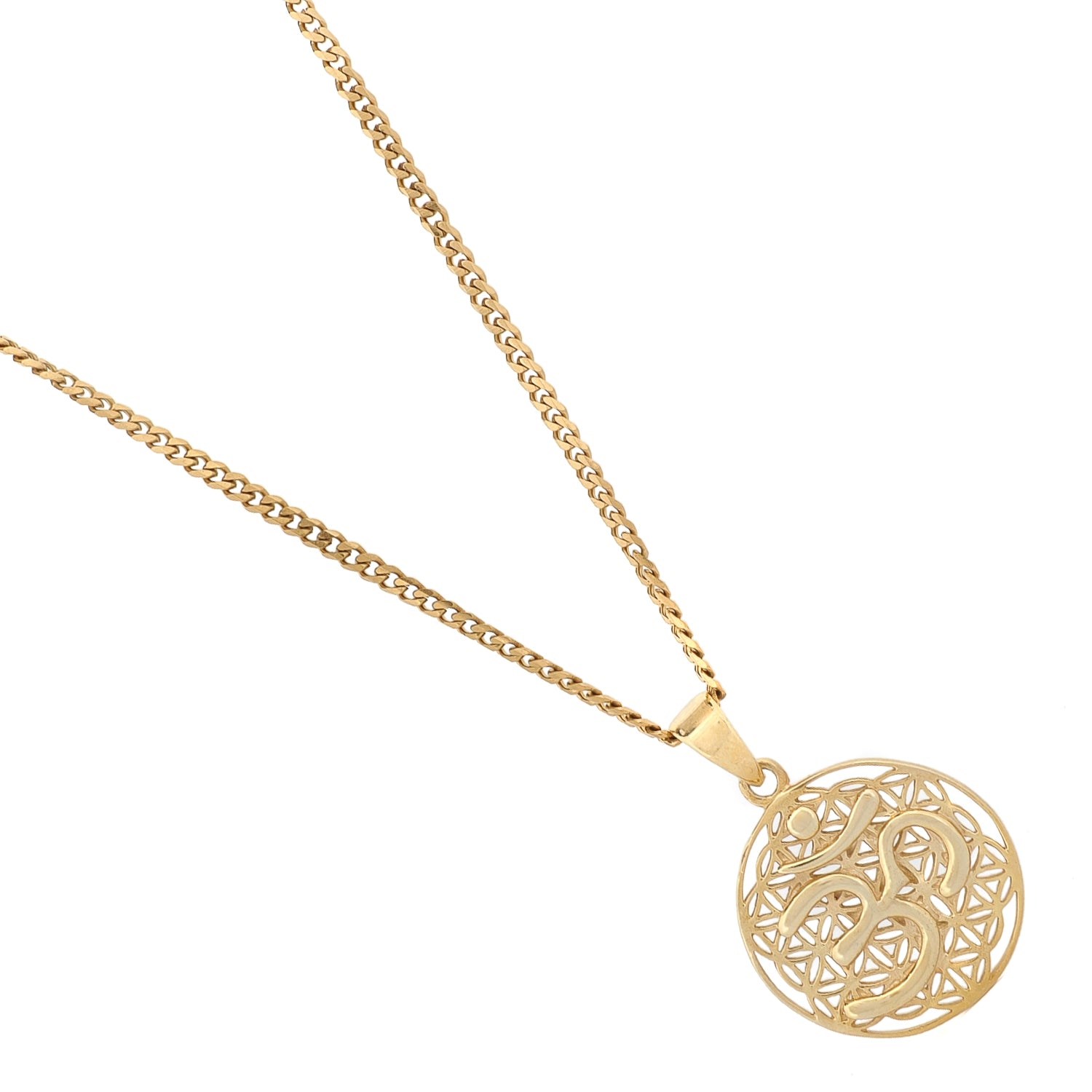 Handmade gold Om Flower of Life mandala pendant necklace with curb chain