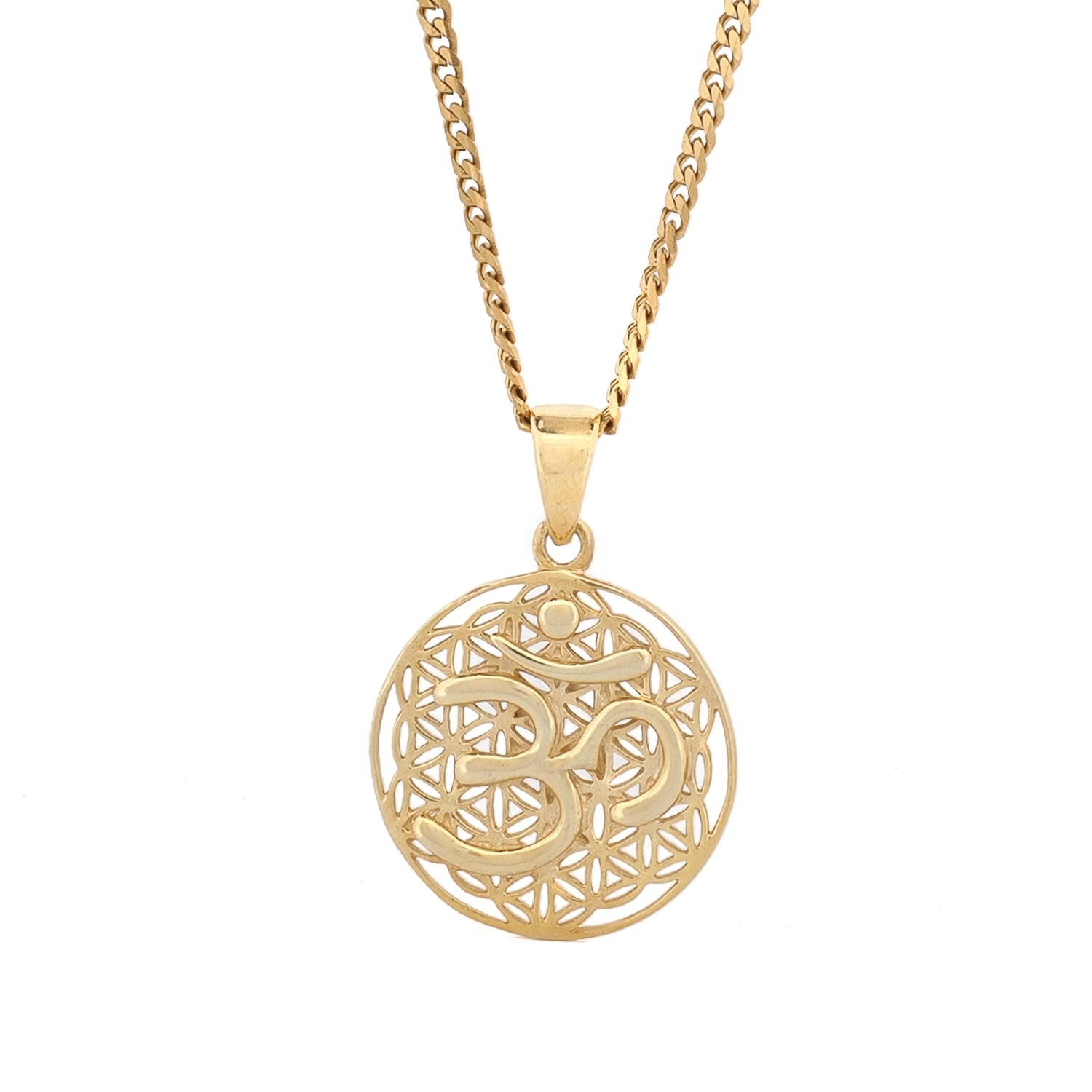 Close view of Om sacred geometry Flower of Life talisman pendant