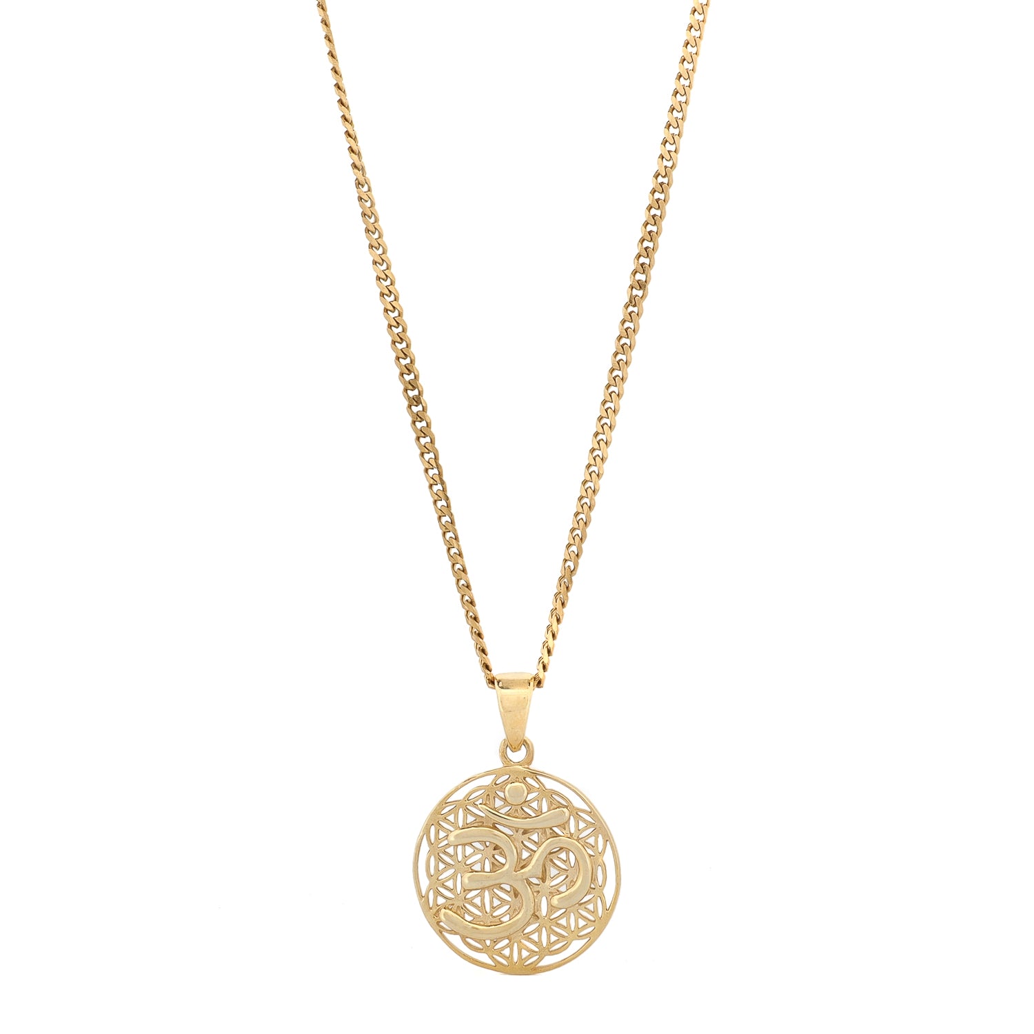 Sacred Om Flower of Life talisman gold pendant necklace on curb chain