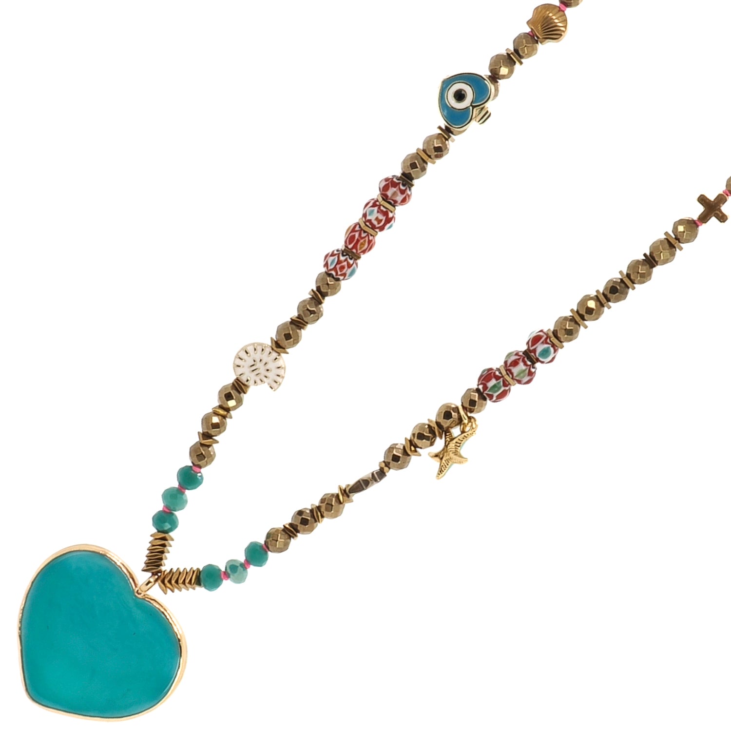 Salt &amp; Sun Heart beaded summer necklace with blue glass heart pendant and evil eye charms by Ebru Jewelry