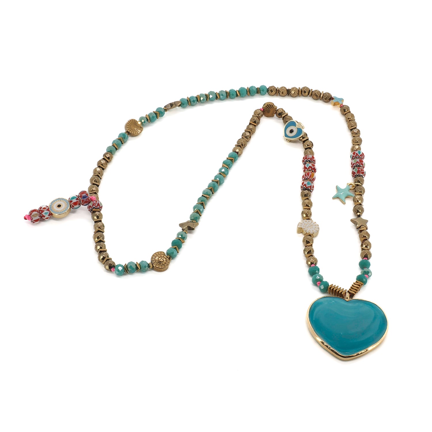 Hand-strung beaded summer necklace with ocean blue heart pendant, African beads, and sea charms