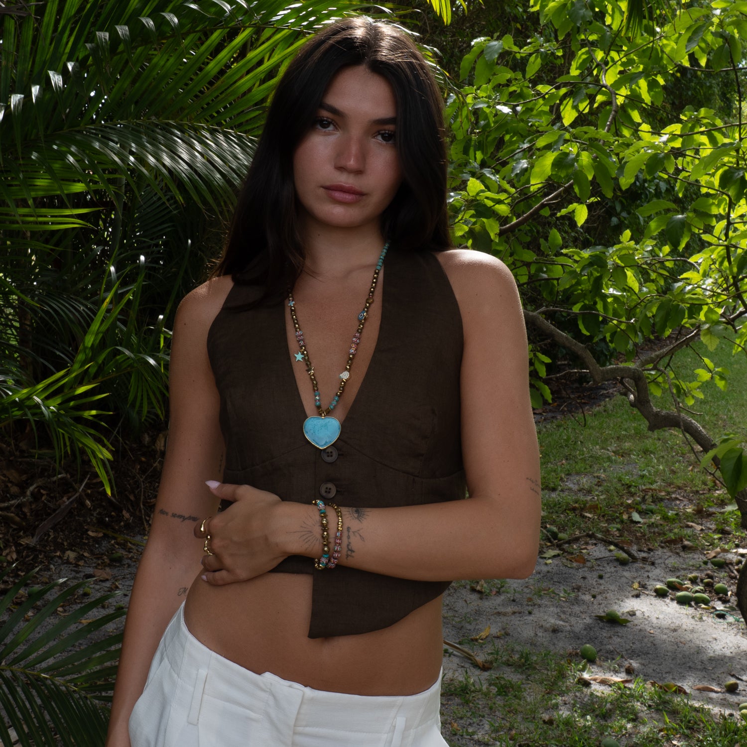 Salt & Sun Heart beaded summer necklace layered with sea charms and African beads by Ebru Jewelry