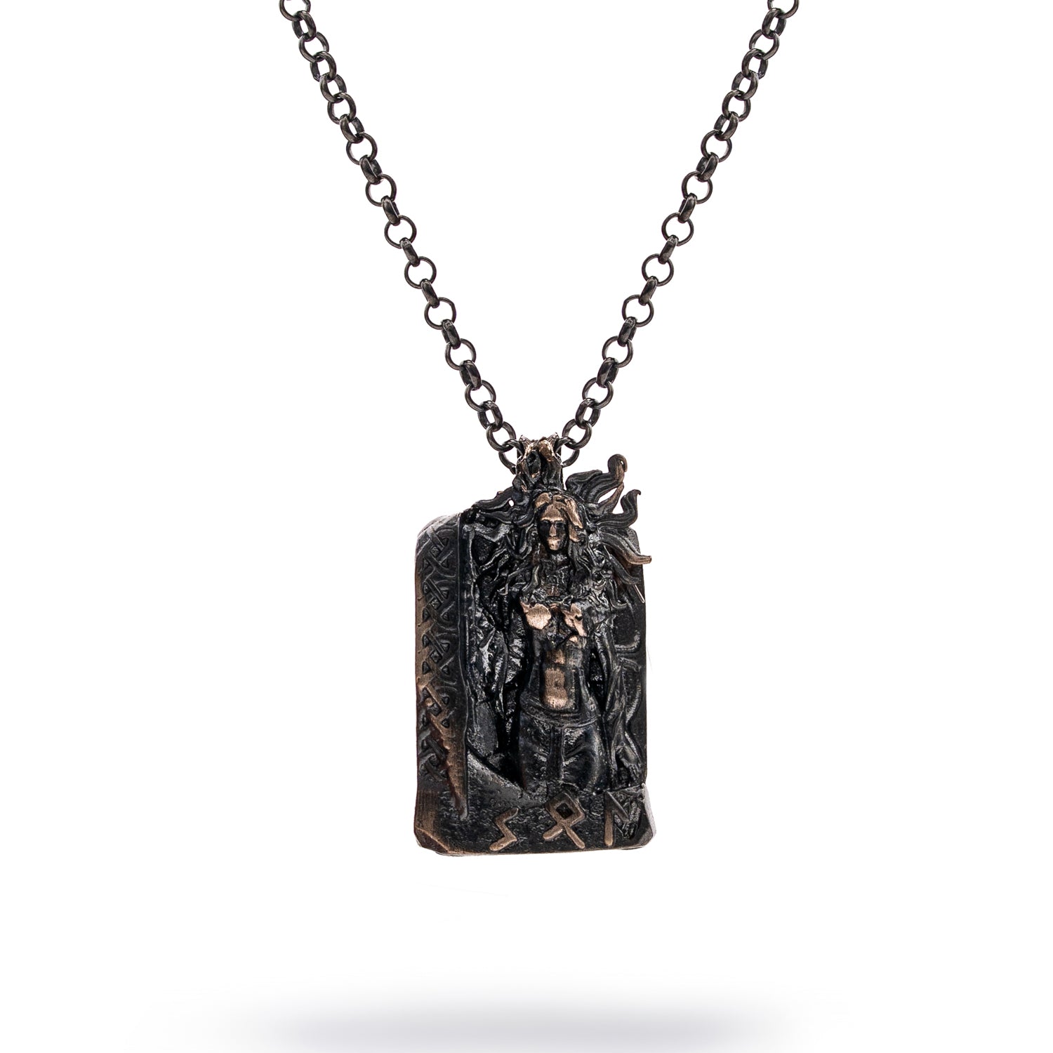 Men’s sterling silver necklace with a detailed Santa Muerte pendant, rhodium plating, dark accents, and bold masculine style.