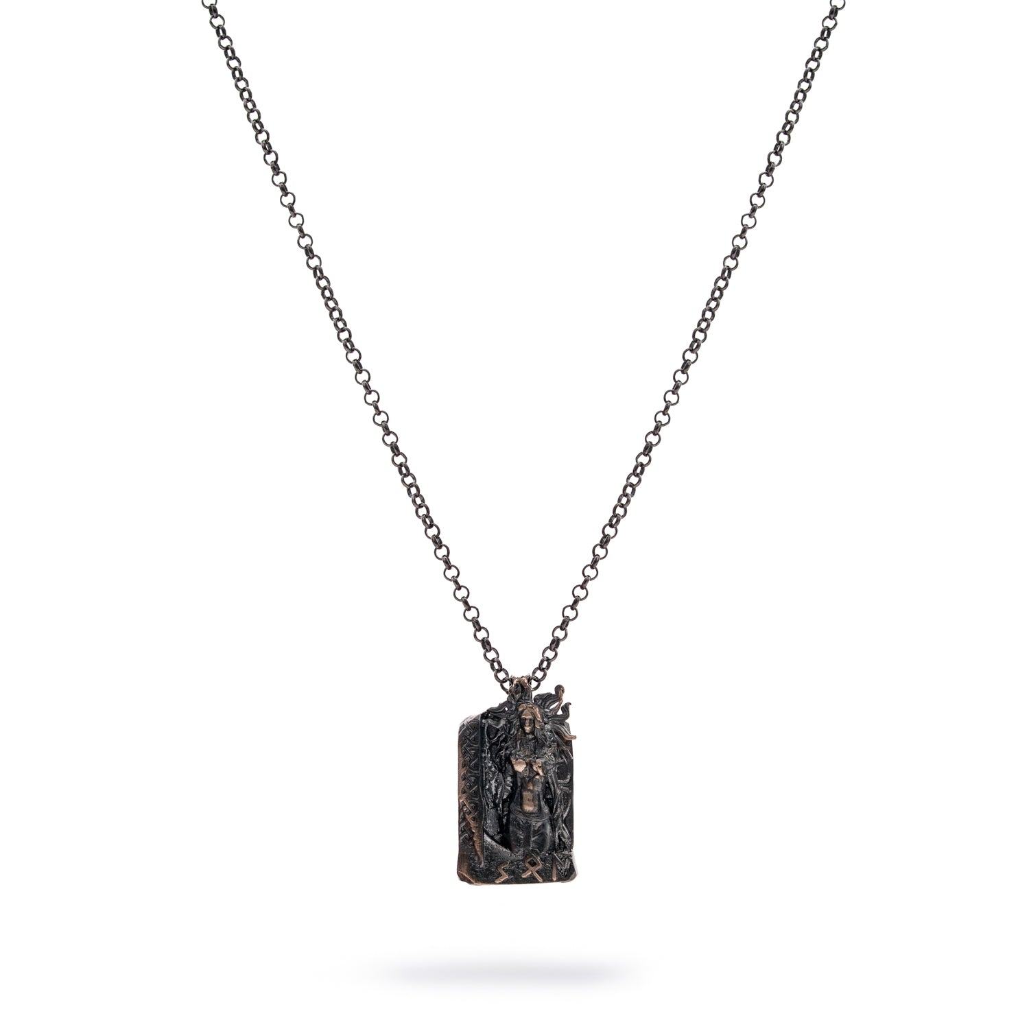 Santa Muerte pendant necklace in sterling silver with rhodium plating, black accents, and intricate masculine design.