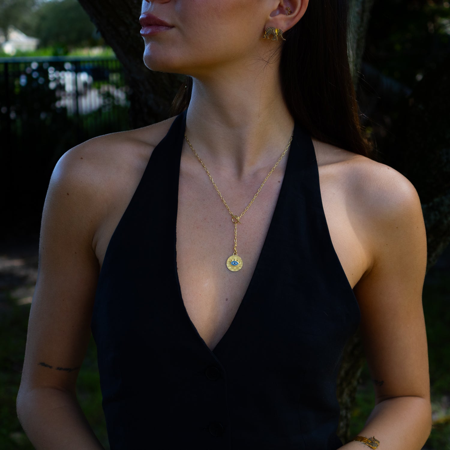 Sapphire Guardian Evil Eye Lariat Gold Necklace