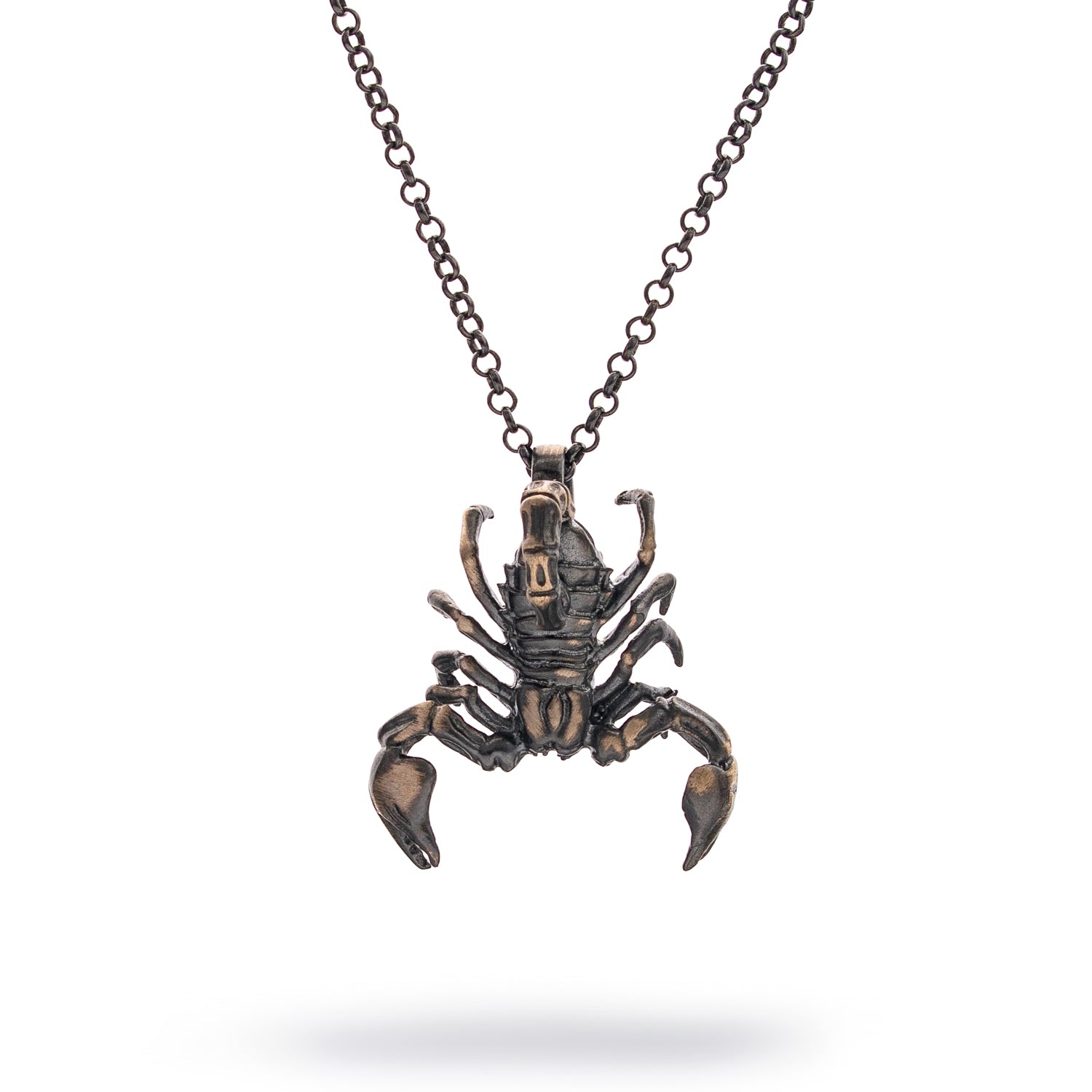 Scorpion pendant necklace, handcrafted in 925 sterling silver with rhodium plating, bold gray and silver design for men.