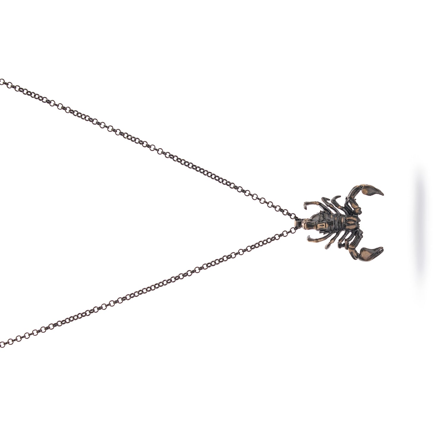 Sterling silver men’s necklace featuring a detailed scorpion pendant with rhodium plating and bold masculine design.