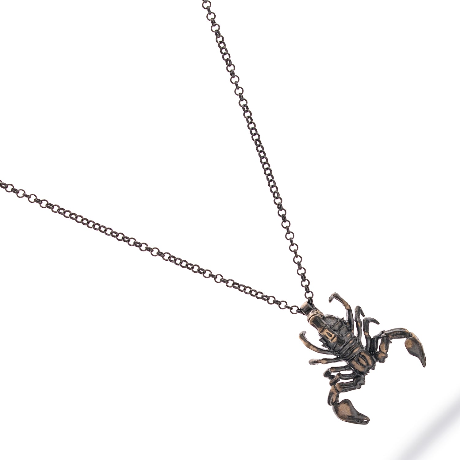 Men’s sterling silver necklace with a handcrafted scorpion pendant, rhodium plating, and intricate detailing for bold style.