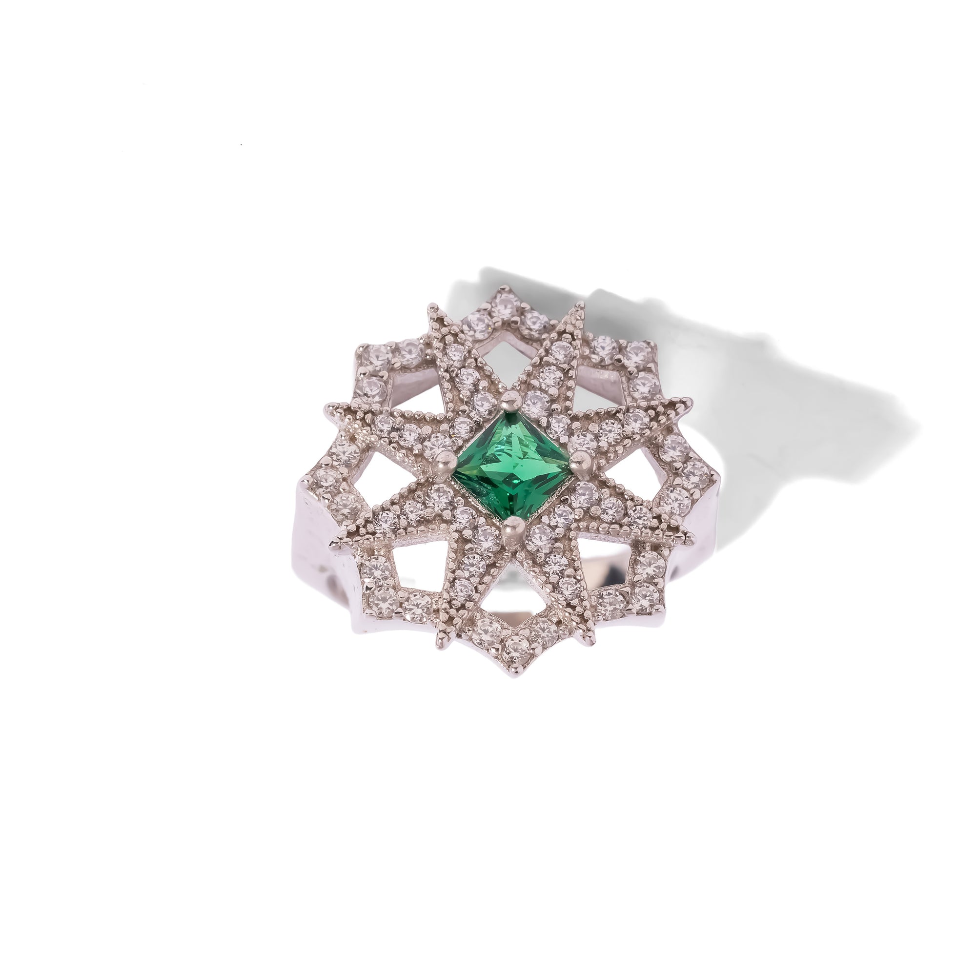 Seljuk Star Emerald &amp; Pave Silver Statement Ring