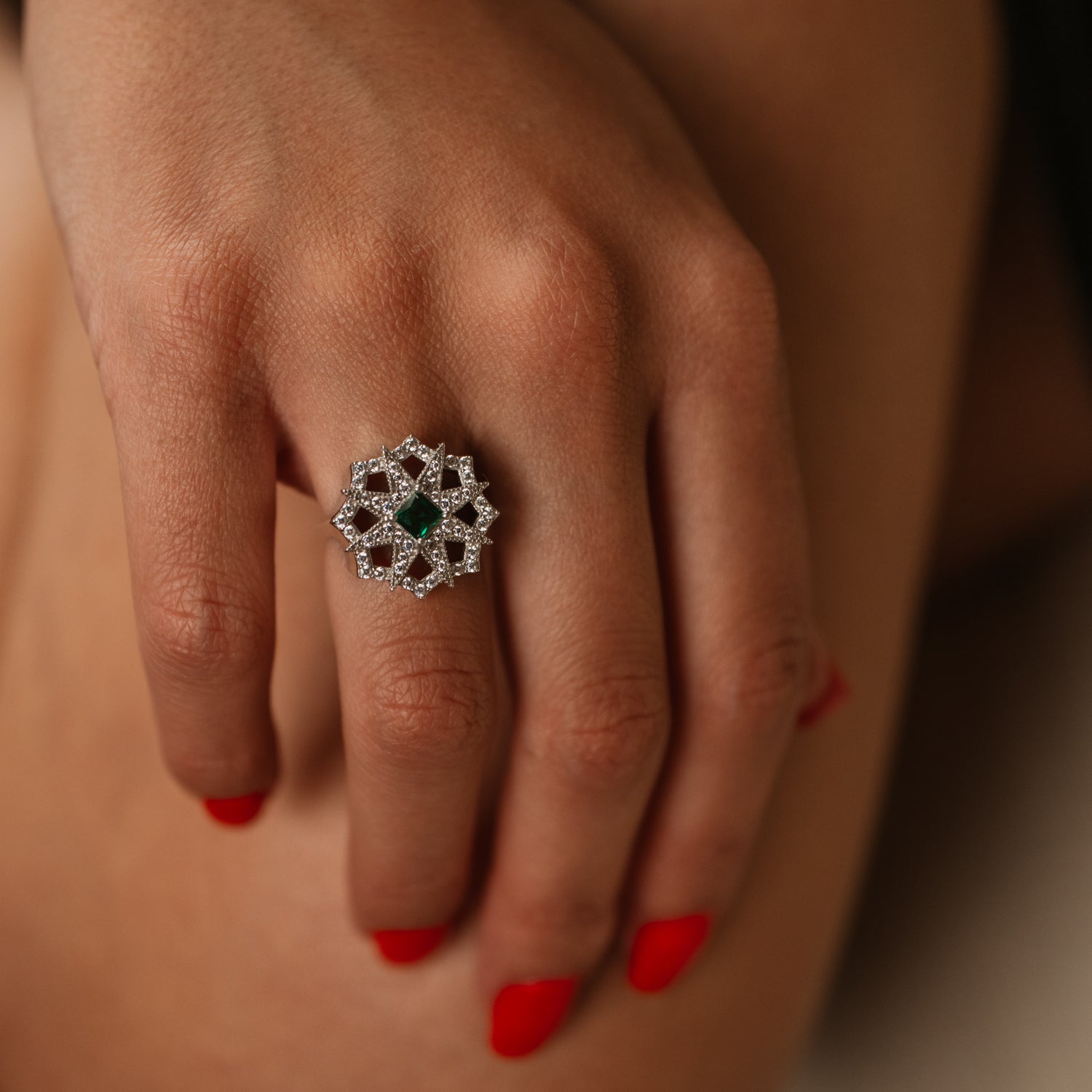 Seljuk Star Emerald & Pave Silver Statement Ring close-up view, showcasing the pavé silver detail
