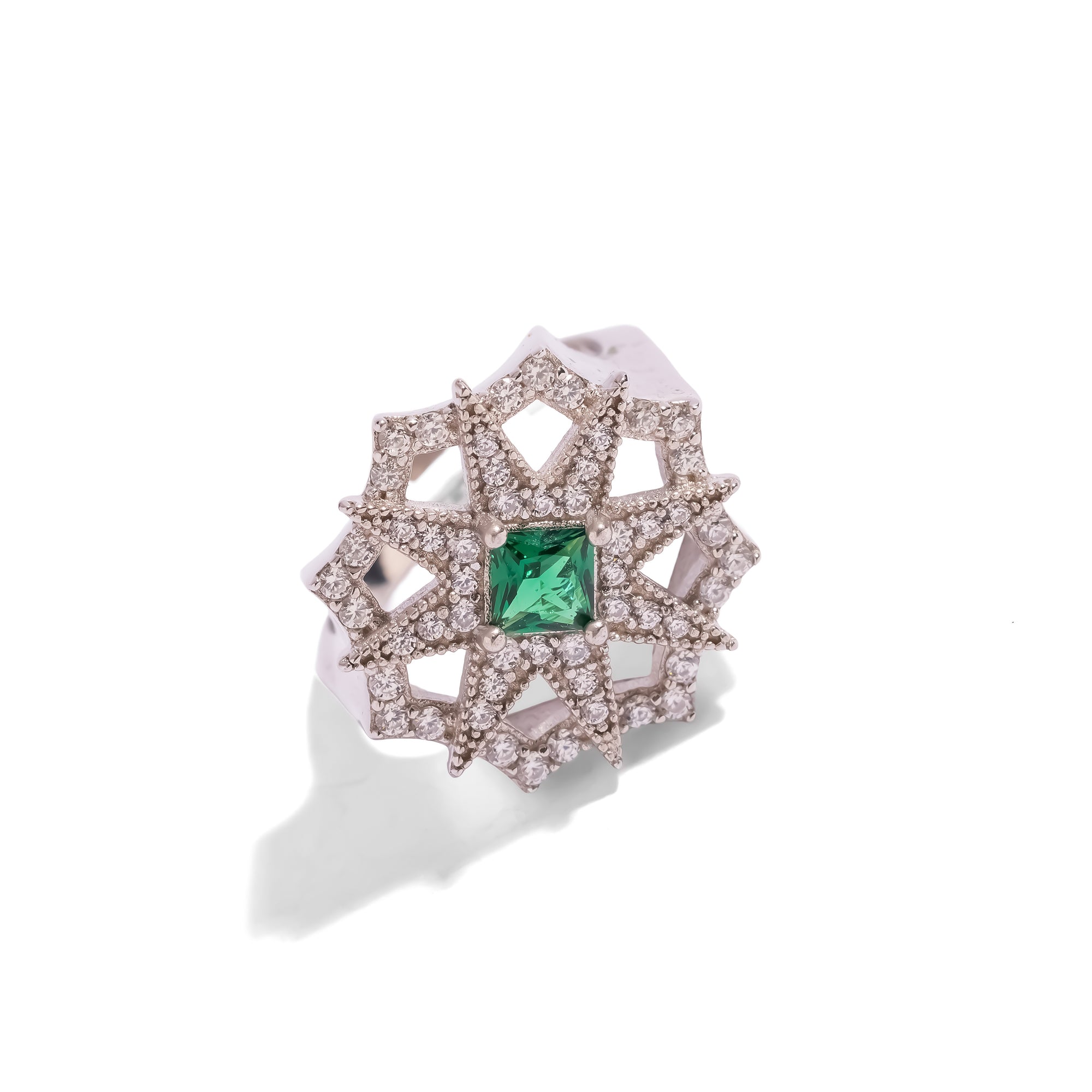 Seljuk Star Emerald &amp; Pave Silver Statement Ring