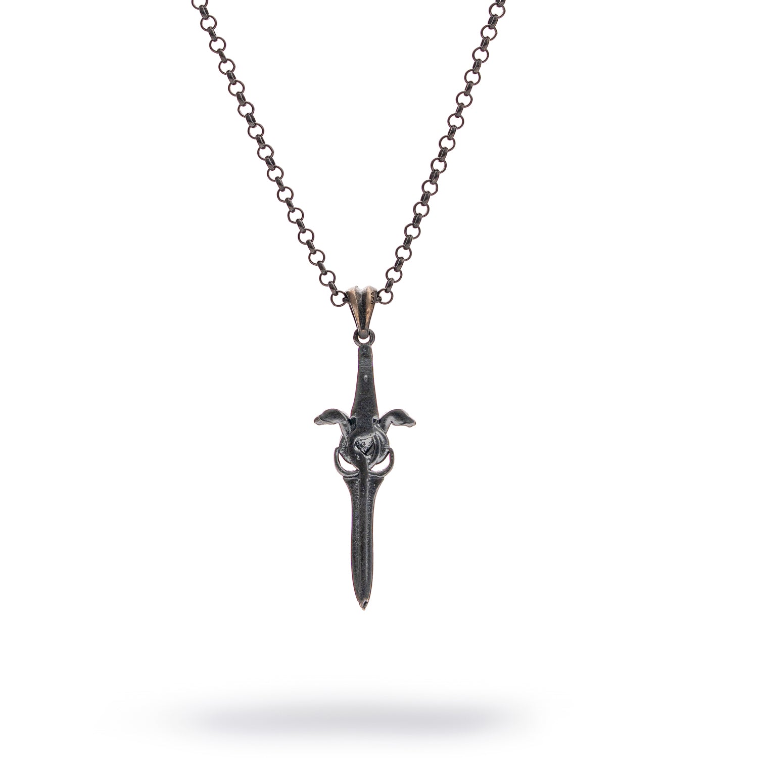 Sterling silver necklace with sword pendant entwined by a serpent, rhodium-plated finish, black and silver accents, bold masculine style.