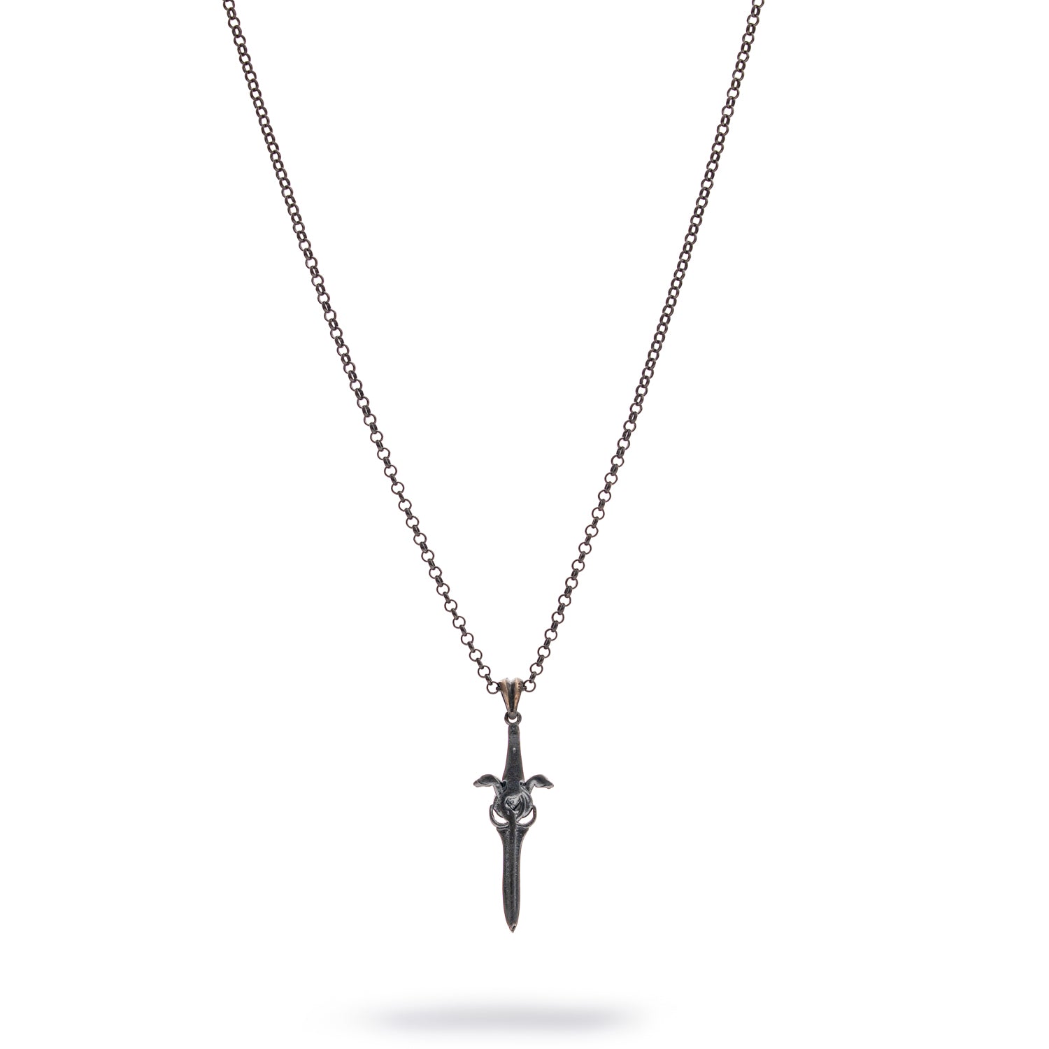 Sterling silver necklace with sword pendant entwined by a serpent, rhodium finish, black and silver details, bold masculine style.