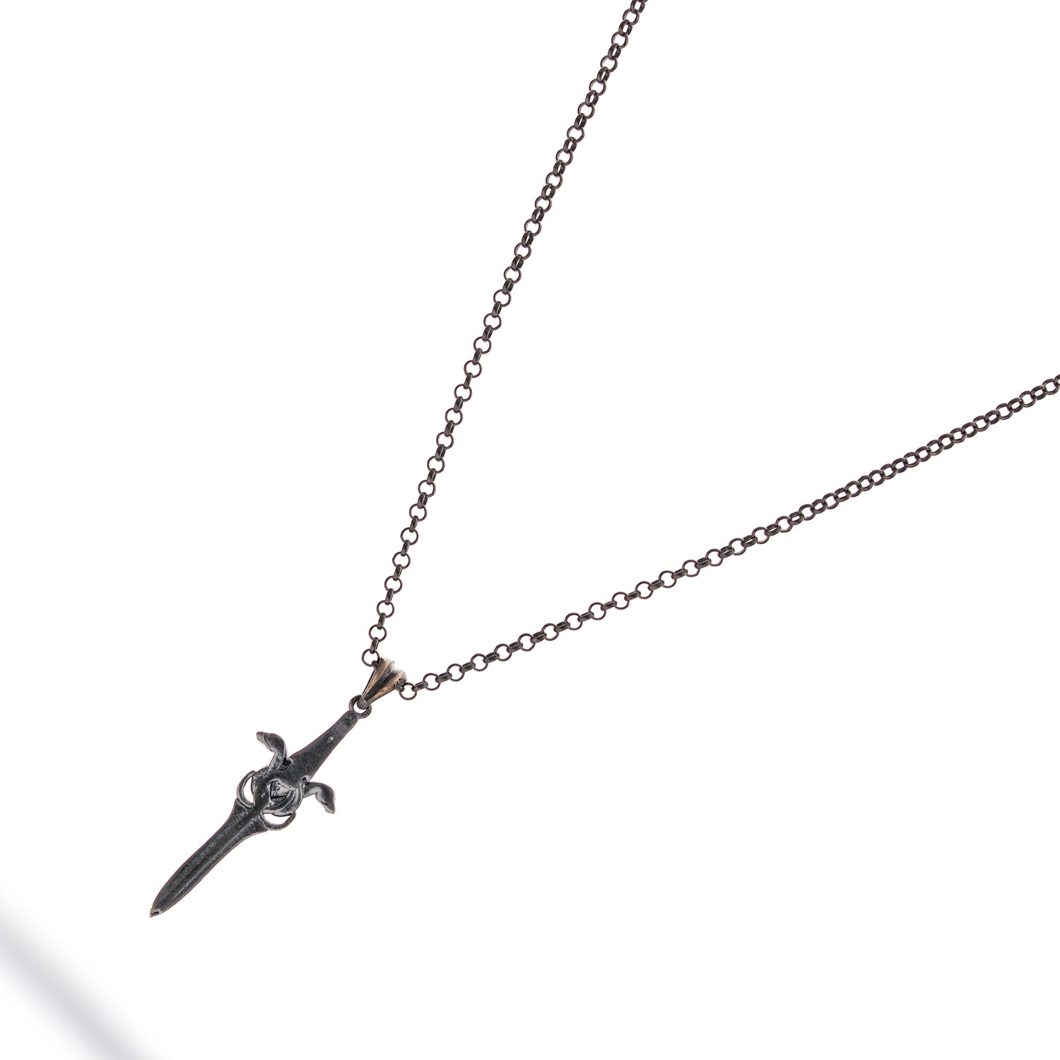 Sterling silver necklace with sword pendant entwined by a serpent, rhodium-plated, black and silver details, bold masculine style.