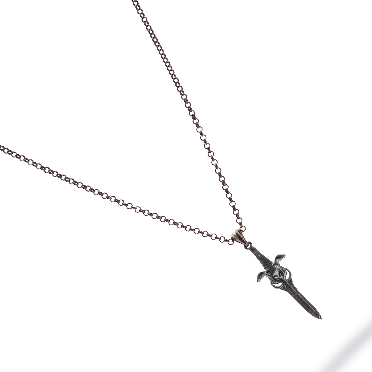 Sterling silver necklace with sword pendant wrapped by a serpent, rhodium finish, black and silver accents, bold masculine style.