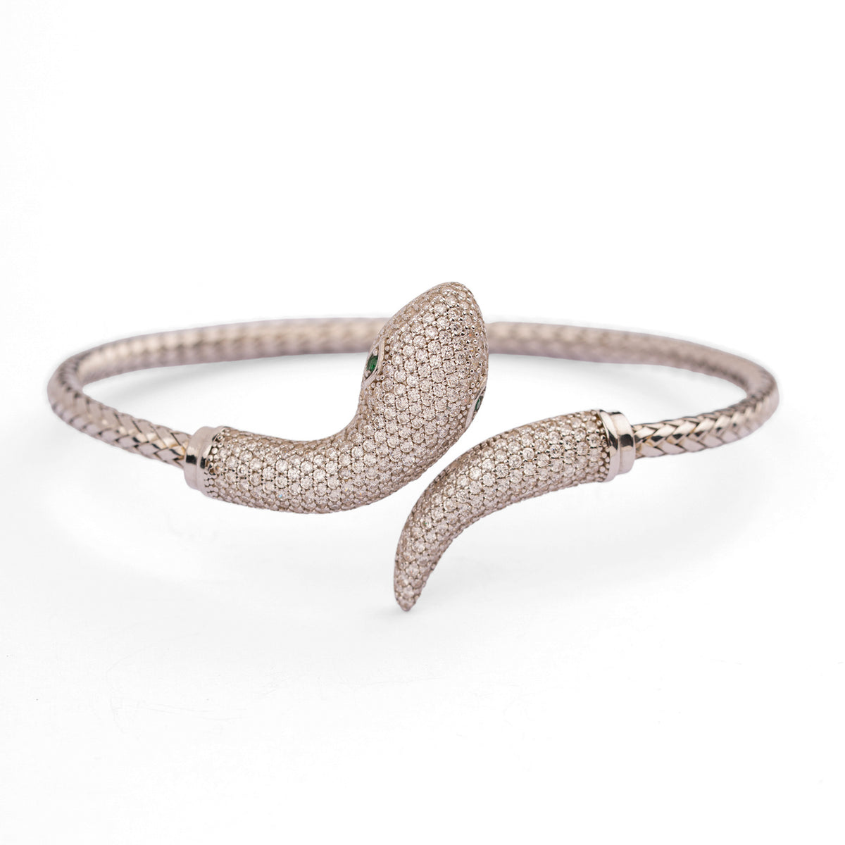 Serpent Emerald Eye Pave Sterling Silver Cuff Bracelet on white, a pave white zircon serpent head gliding past its pave tail on a hand woven silver band