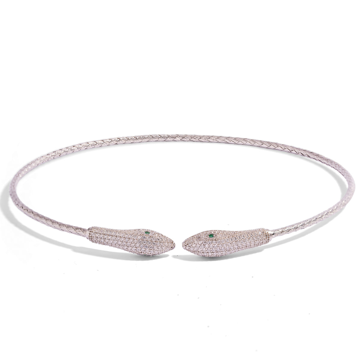 Woven sterling silver serpent choker shown flat on a white background