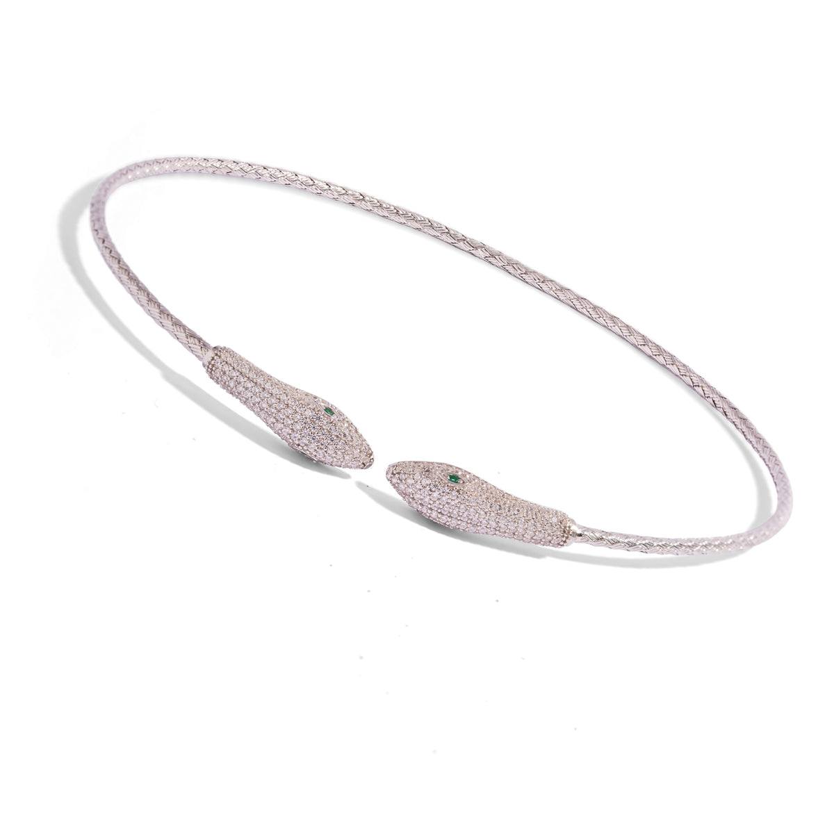 Open front silver collar necklace with two facing snake heads set in pave stones