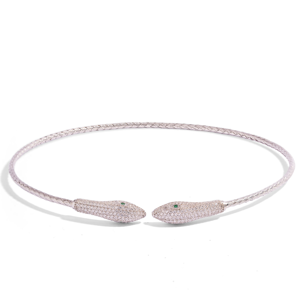 Hand woven sterling silver choker with two pave serpent heads meeting at the open front