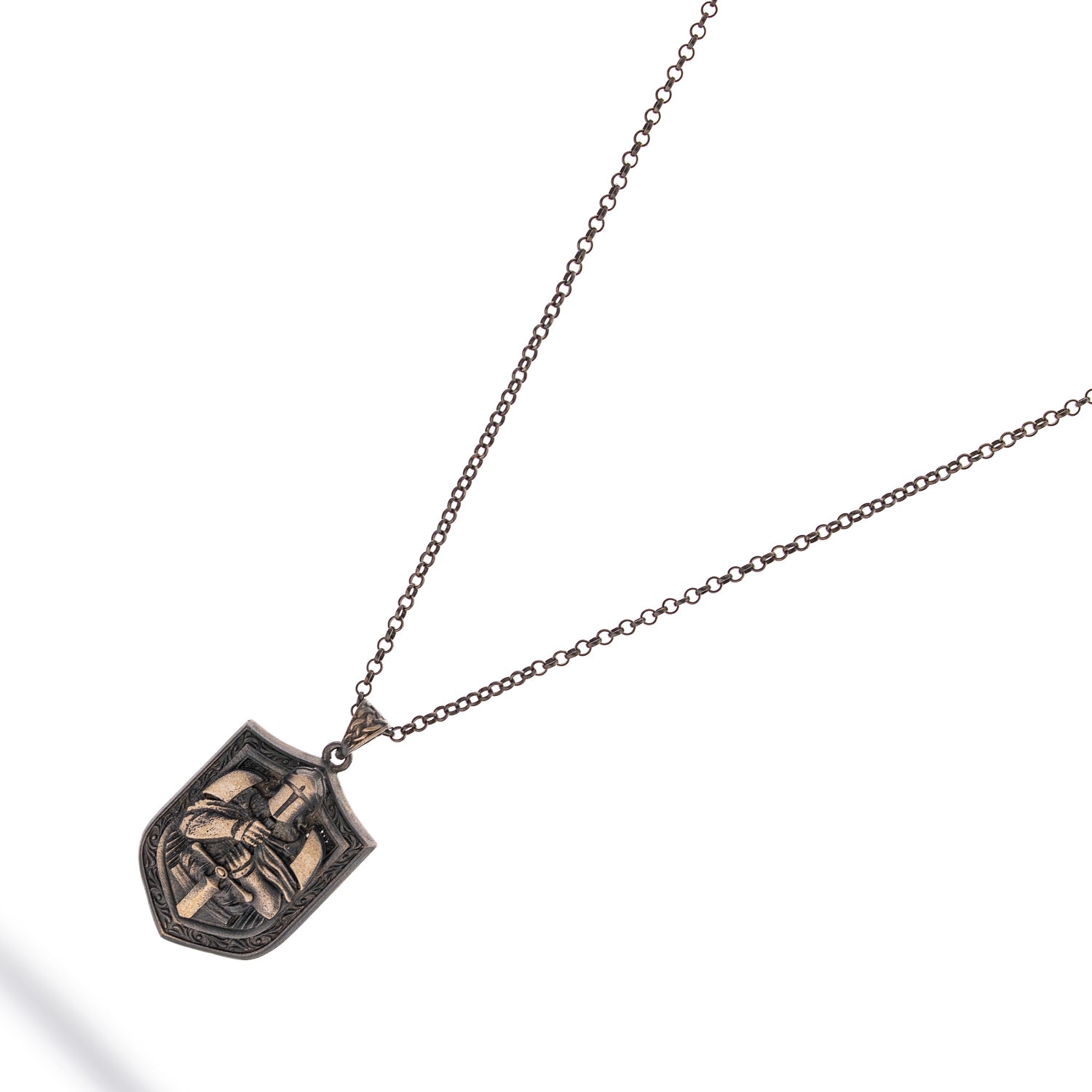 Sterling silver necklace with rhodium-plated shield pendant, knight engraving, 22-inch chain, bold masculine symbolic jewelry.