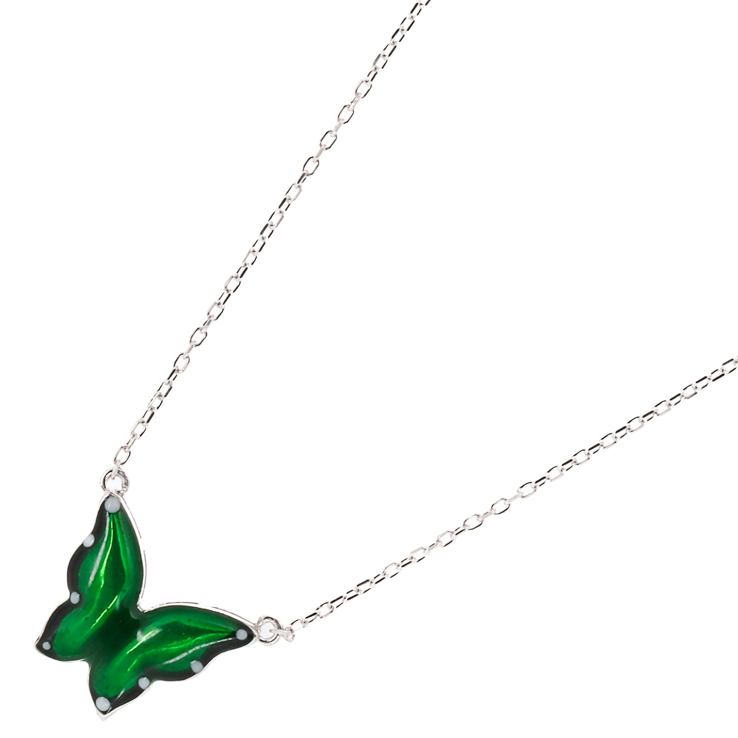 The Silver Abundance Green Enamel Butterfly Necklace, a meaningful and captivating addition to your jewelry collection.