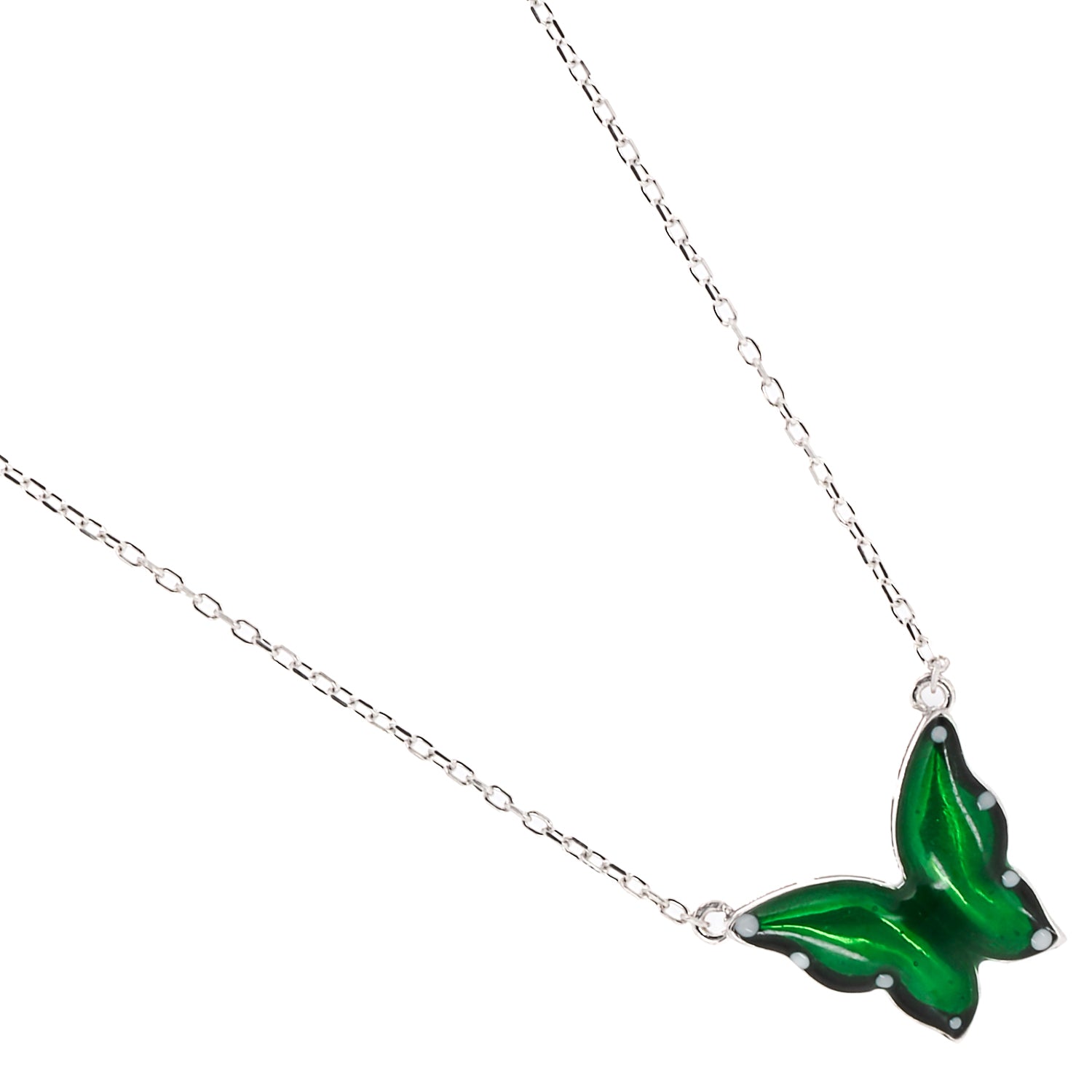 The enchanting butterfly pendant of the Silver Abundance Green Enamel Butterfly Necklace, symbolizing spiritual growth and renewal.