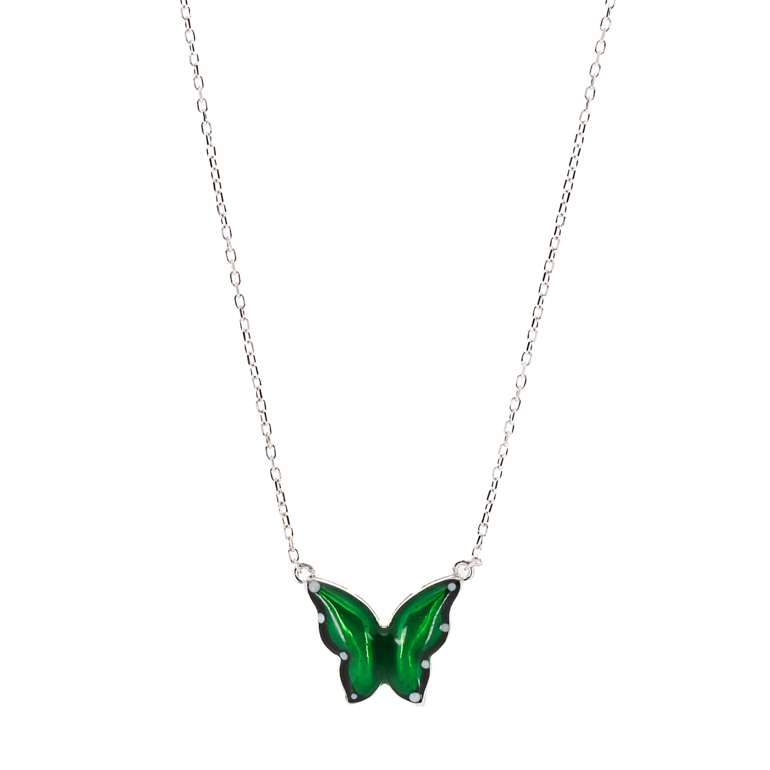 A close-up of the intricate green enamel design on the Silver Abundance Butterfly Necklace.