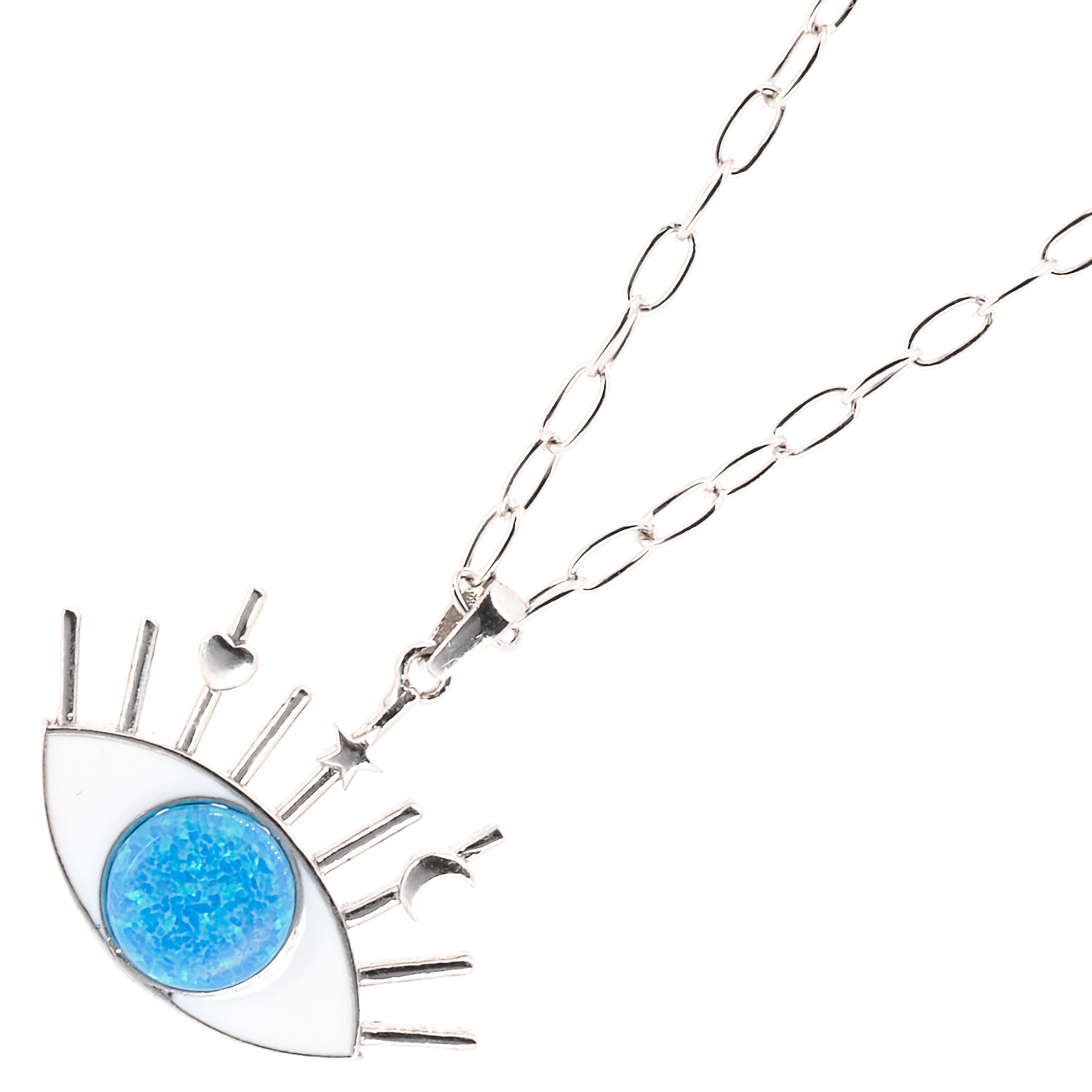 The striking contrast between the white enamel and blue opal on the Evil Eye pendant.
