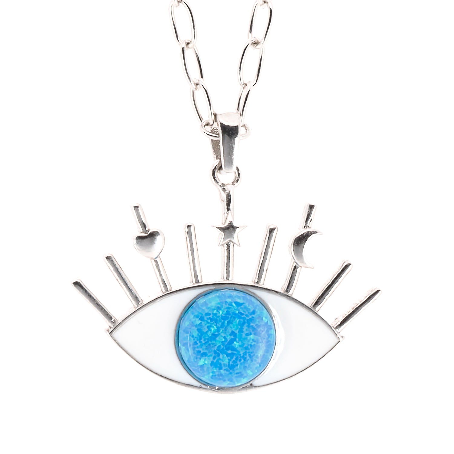 The adjustable sterling silver chain of the Silver Blue Opal Evil Eye Necklace.