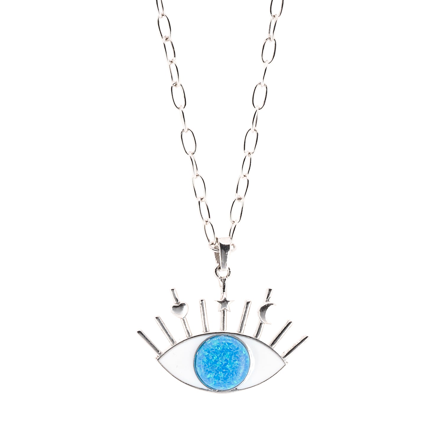 The Silver Blue Opal Evil Eye Necklace, a captivating blend of elegance and spiritual symbolism.