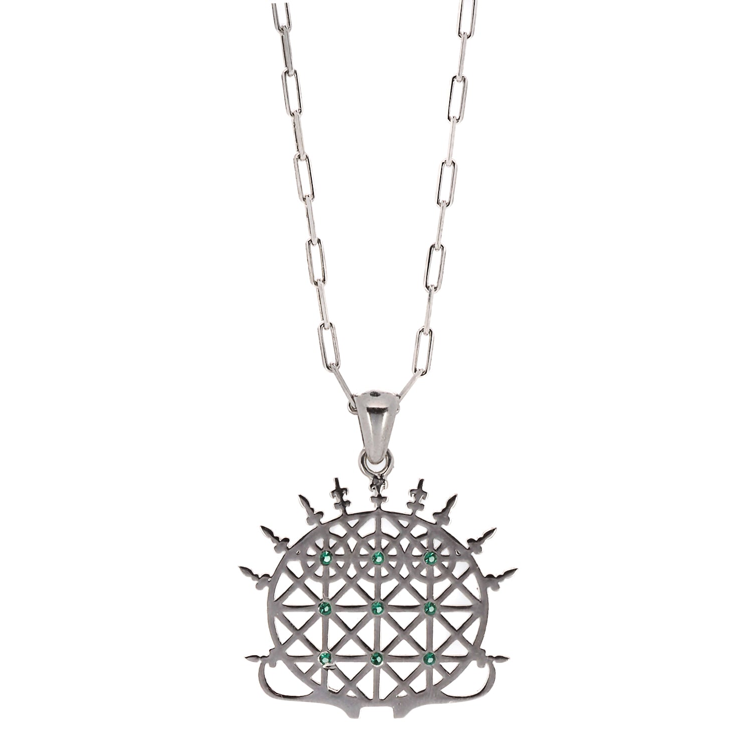 The Silver Hittite Sun Disc Necklace, featuring a sterling silver pendant with a choice of green jade or ruby stone, on a delicate silver chain.