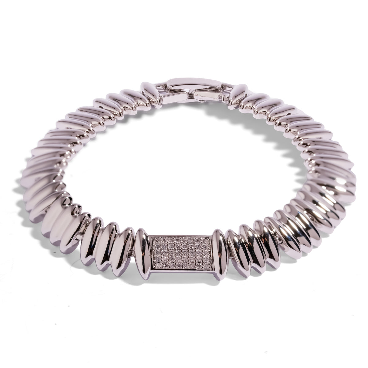 Silver Rhythm Pave Zircon Sculptural Link Bracelet, front view of the polished ribbed links and pave white zircon center station