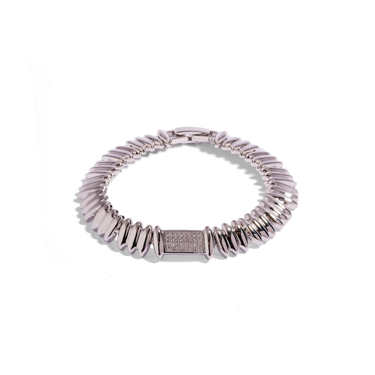 Silver Rhythm Pave Zircon Sculptural Link Bracelet on white, full circle of polished ribbed silver links