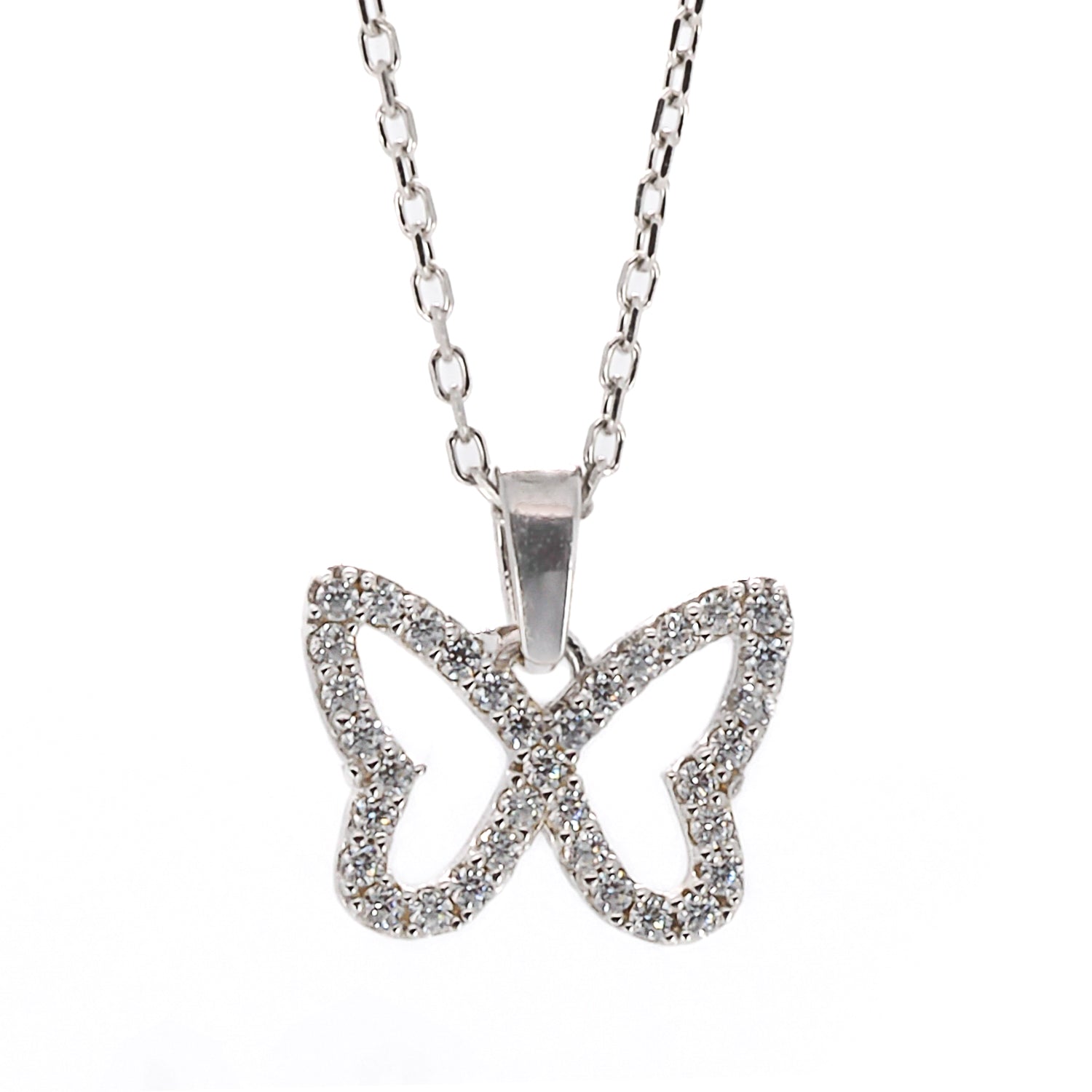 A close-up of the CZ diamond-adorned butterfly pendant on the Silver Sparkly Butterfly Necklace.