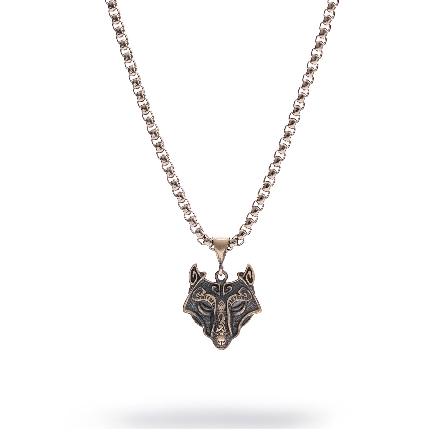 925 sterling silver men’s necklace with detailed wolf head pendant, oxidized finish, silver steel chain, bold and symbolic design