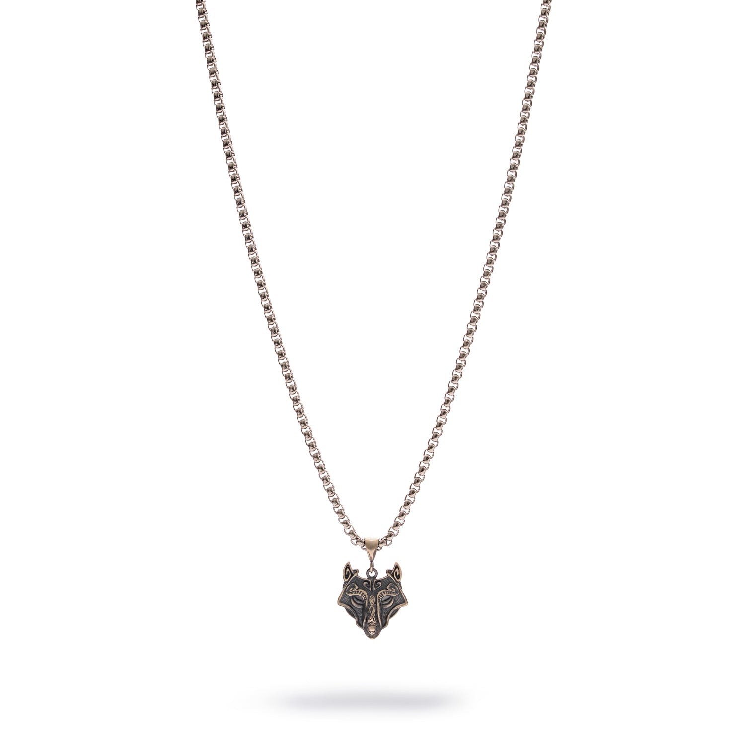 Sterling silver necklace with detailed wolf head pendant, oxidized finish, silver chain, masculine and symbolic style