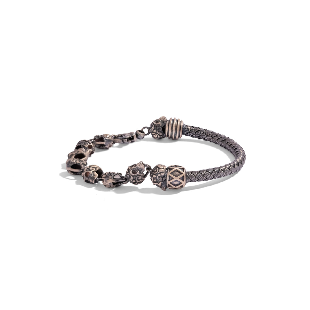 Front view of the men's skull bead braided bracelet in oxidized 925 sterling silver