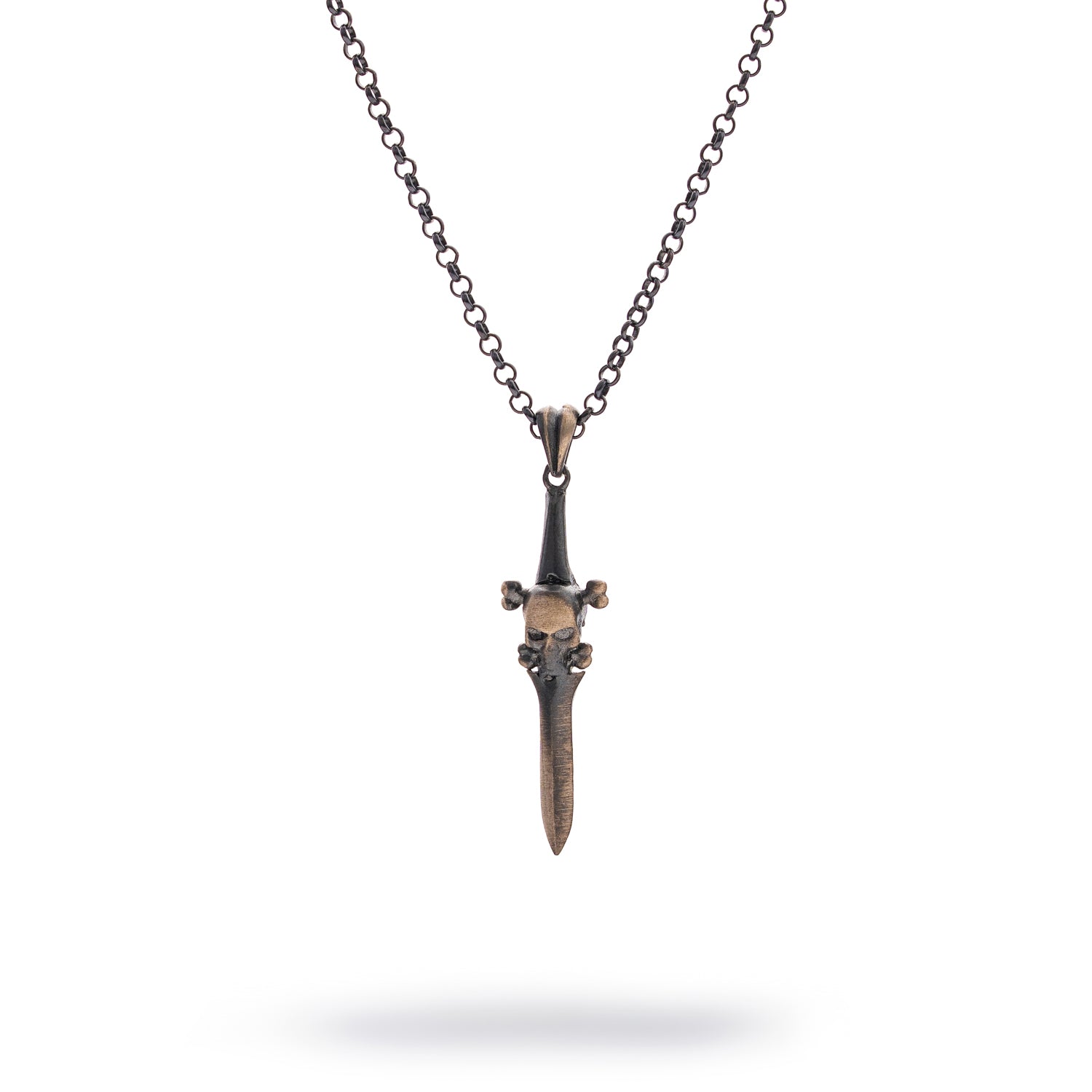 Sterling silver men’s necklace with skull and sword blade pendant, rhodium plating, oxidized finish, 27-inch chain, warrior style.