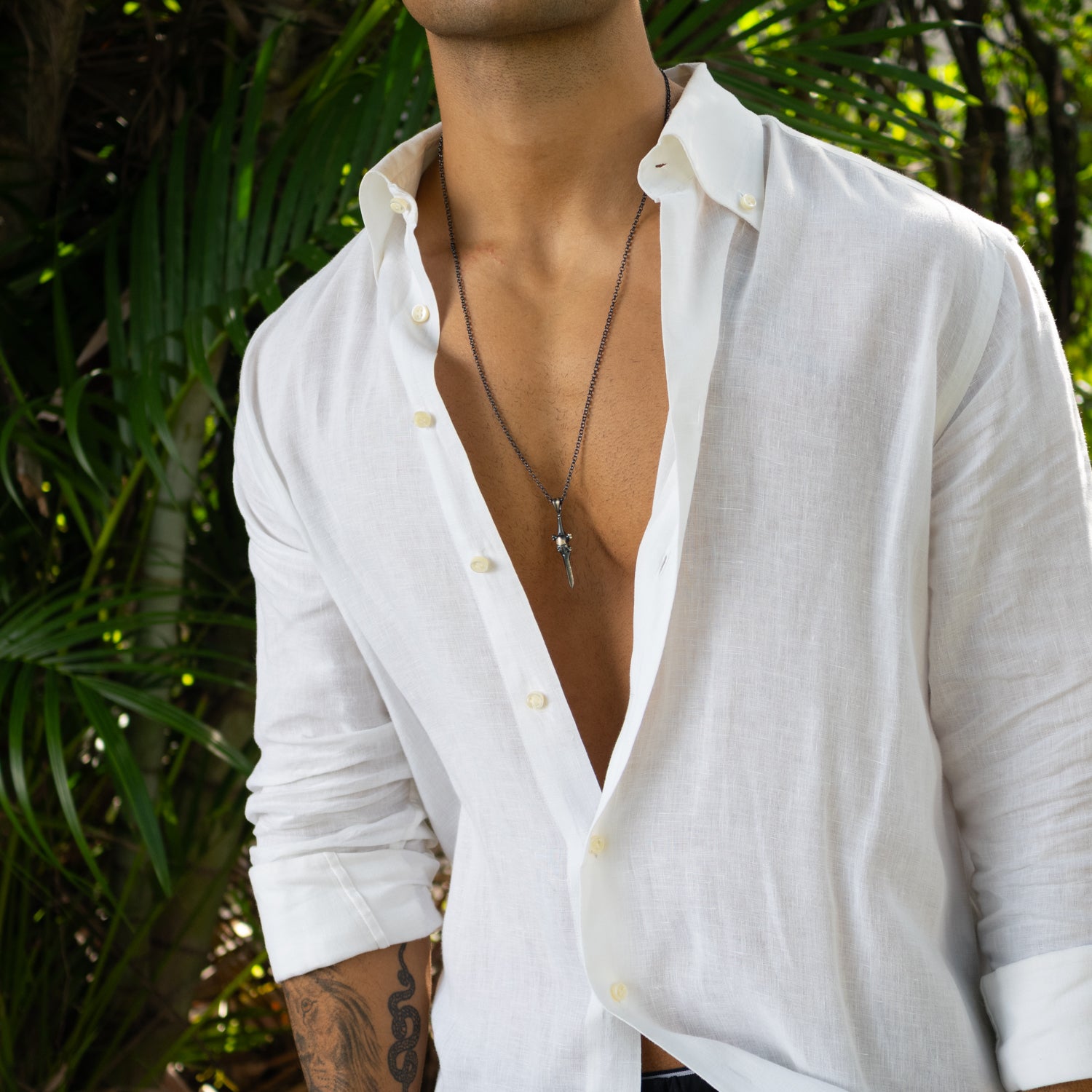 Sterling silver necklace with skull sword pendant, rhodium plated, oxidized finish, 27-inch chain, warrior men’s jewelry.