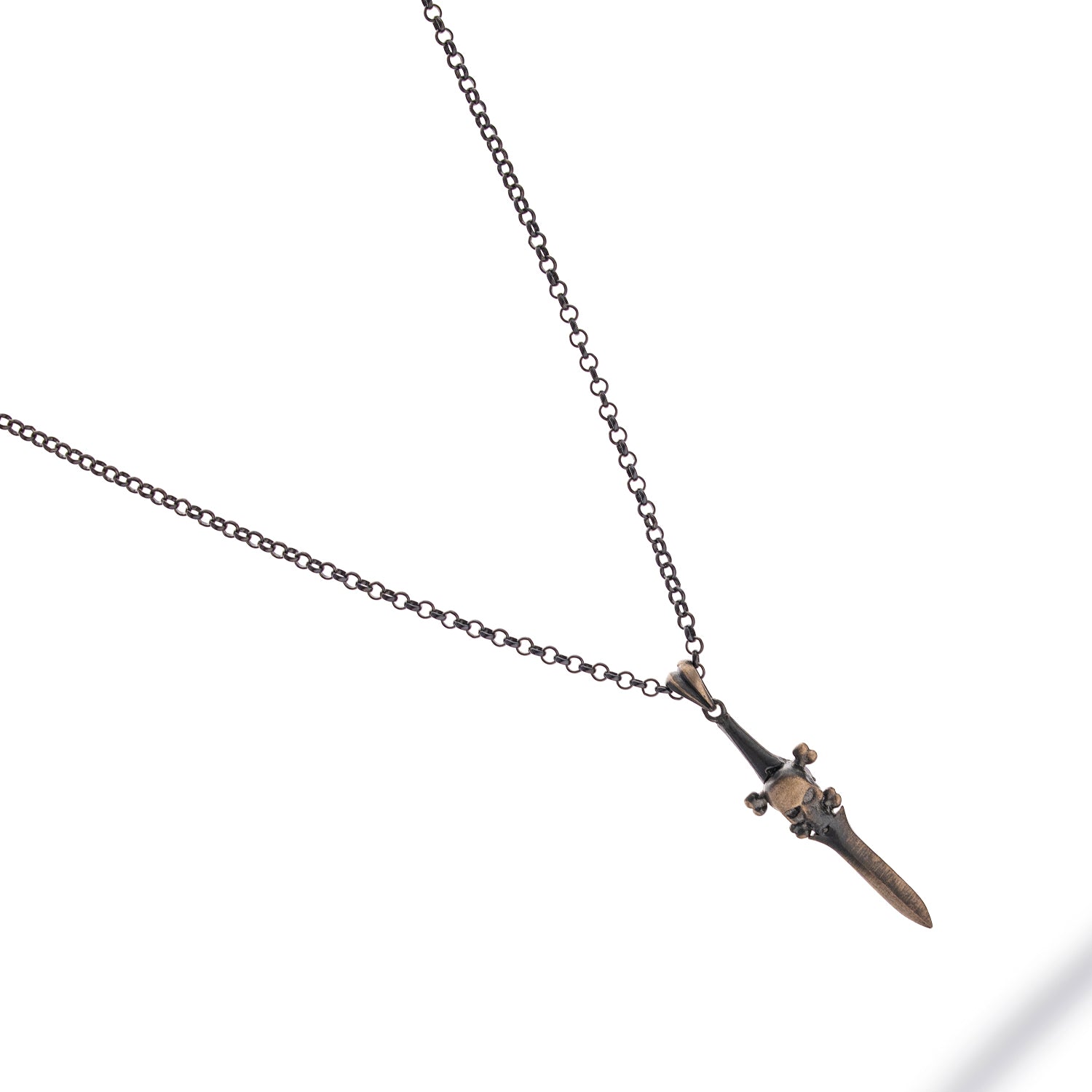 Sterling silver necklace with skull and sword pendant, rhodium plated, oxidized, 27-inch chain, bold warrior men’s jewelry.