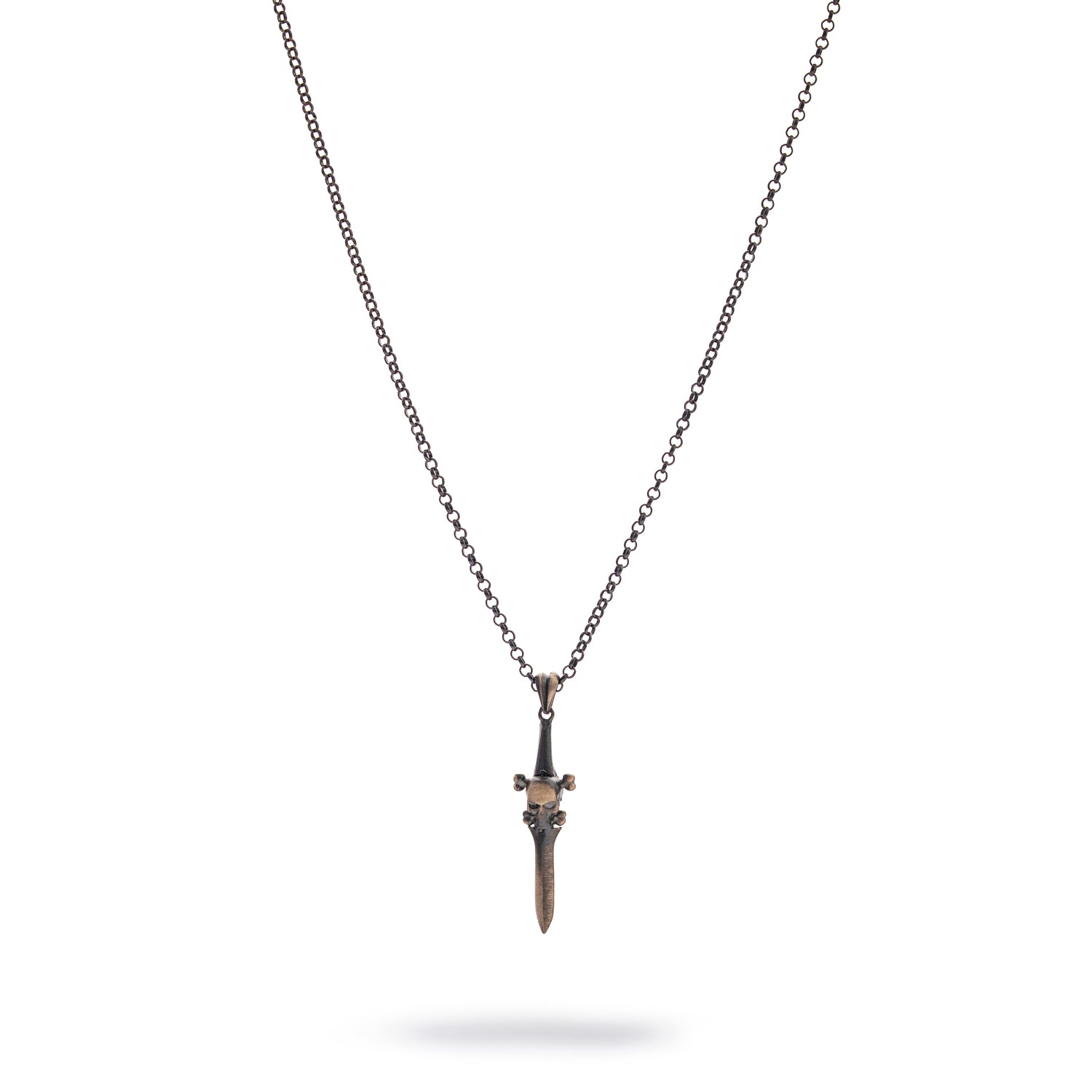 Sterling silver men’s necklace with skull and sword blade pendant, rhodium plated, oxidized finish, 27-inch chain, warrior style.